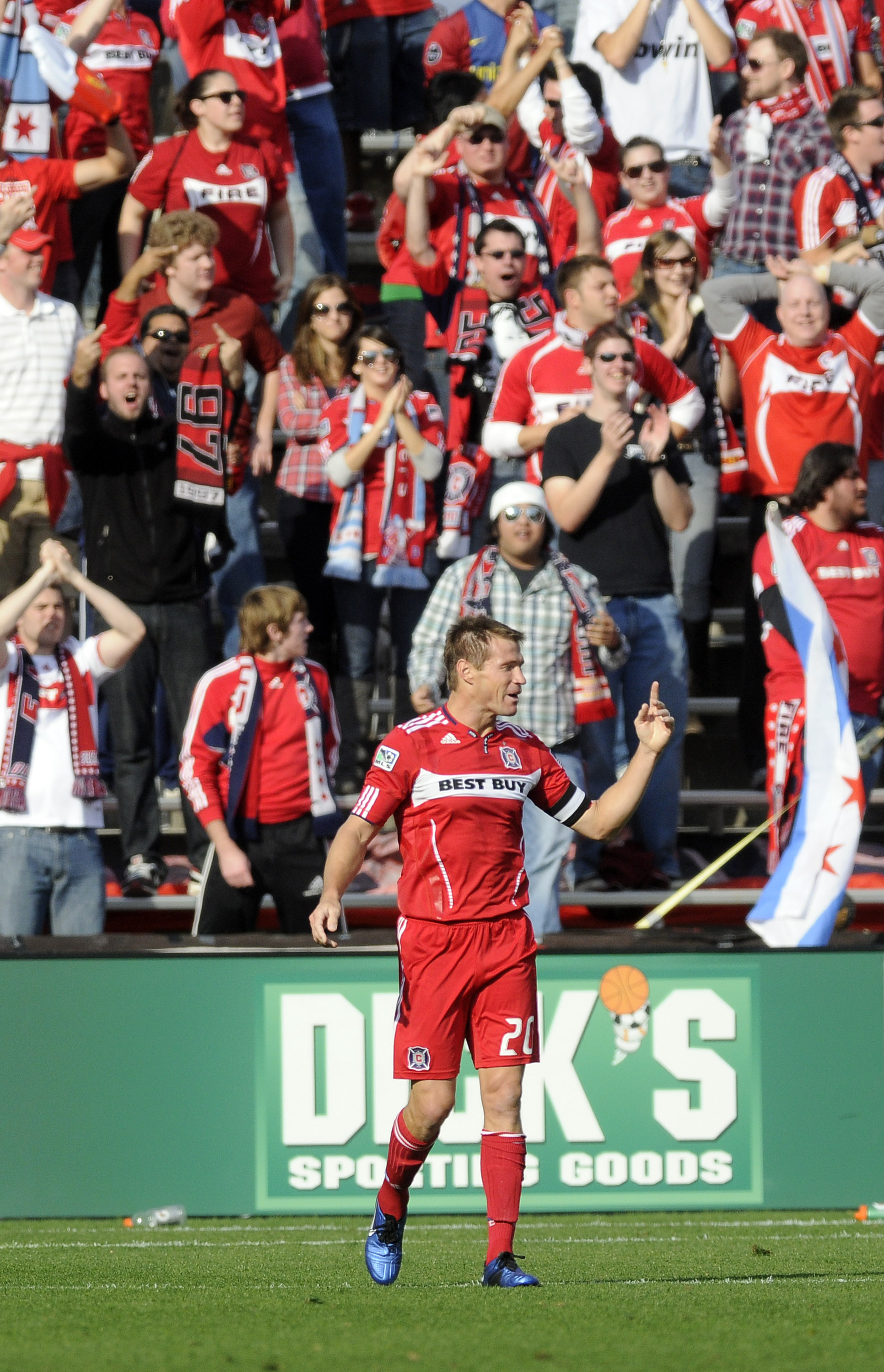 BRIDGEVIEW, IL - OCTOBER 16: Brian McBride #20 of the Chicago Fire reacts to an offside call playing his last game against  D.C. United in an MLS match on October 16, 2010 at Toyota Park in Bridgeview, Illinois. The match ended in a 0-0 draw. (Photo by Da