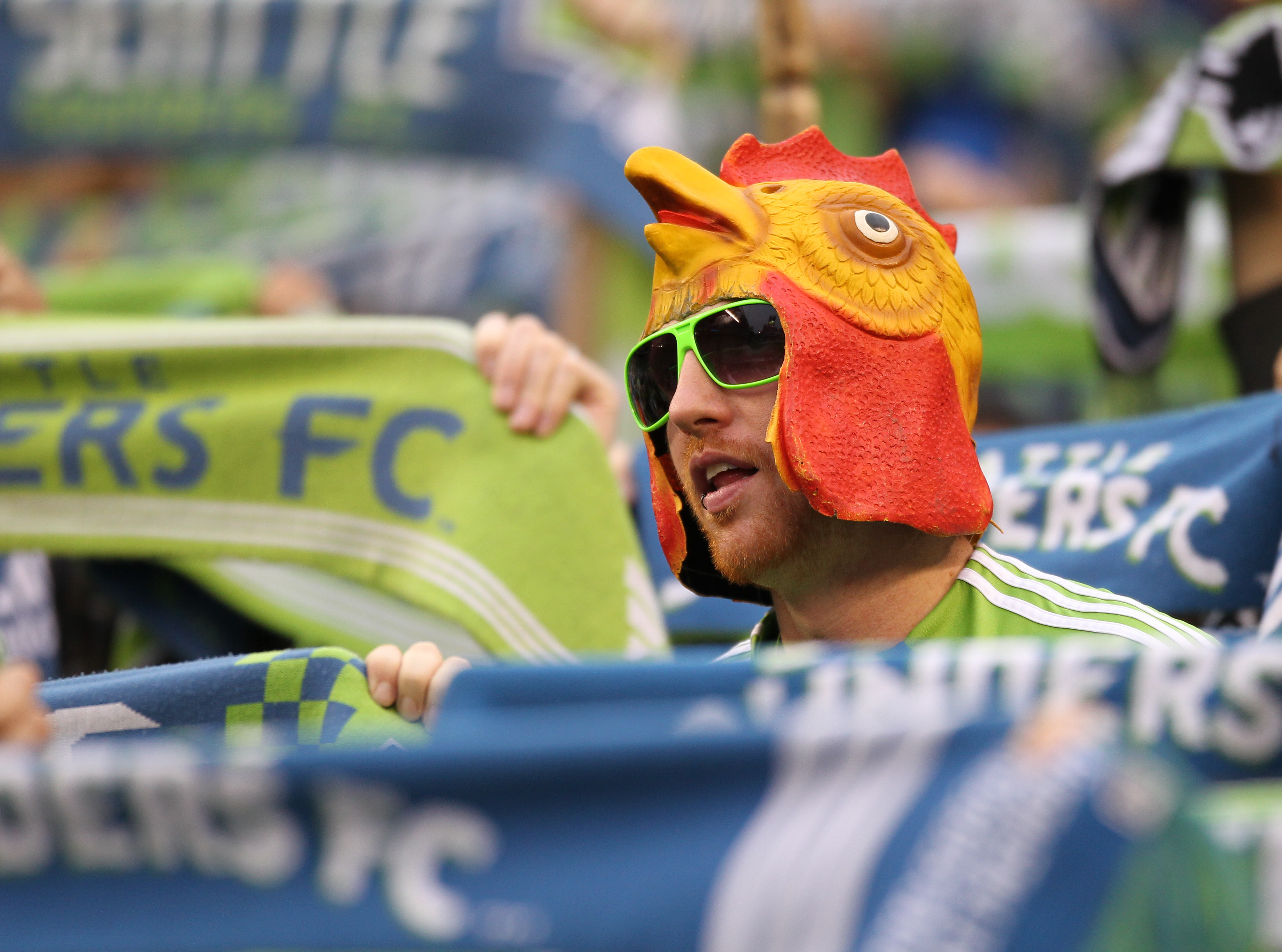 SEATTLE, WA - OCTOBER 31:  A fan of the Seattle Sounders FC looks on during the 1st leg playoff game against the Los Angeles Galaxy at Qwest Field on October 31, 2010 in Seattle, Washington. The Galaxy defeated the Sounders 1-0. (Photo by Otto Greule Jr/G