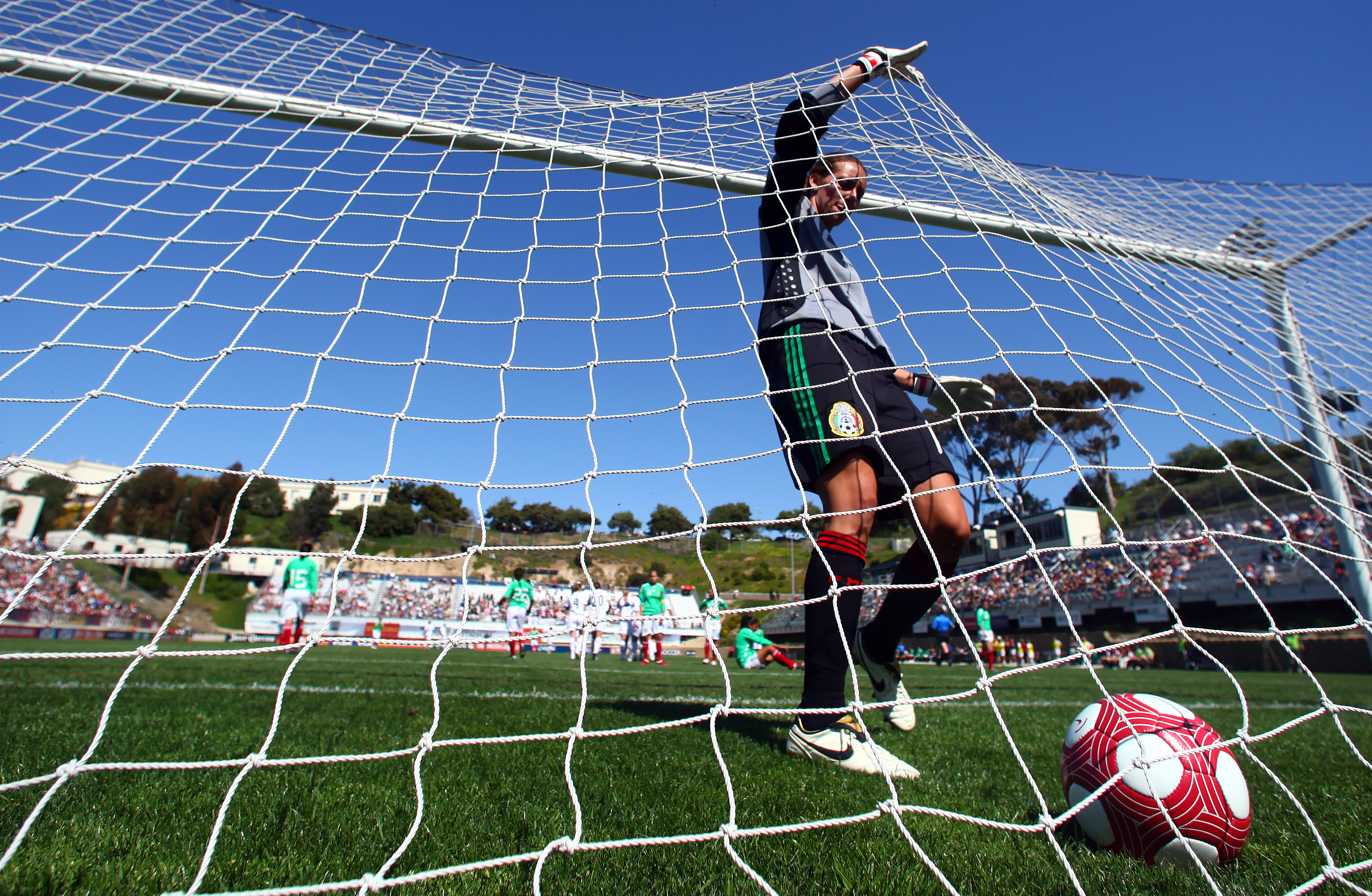 SAN DIEGO - MARCH 28:  Goaltender Erika Vanegas #1 of Mexico pulls the ball out after a USA goal during the Women's International Friendly Soccer Match between Mexico and the United States at Torero Stadium on March 28, 2010 in San Diego, California. USA