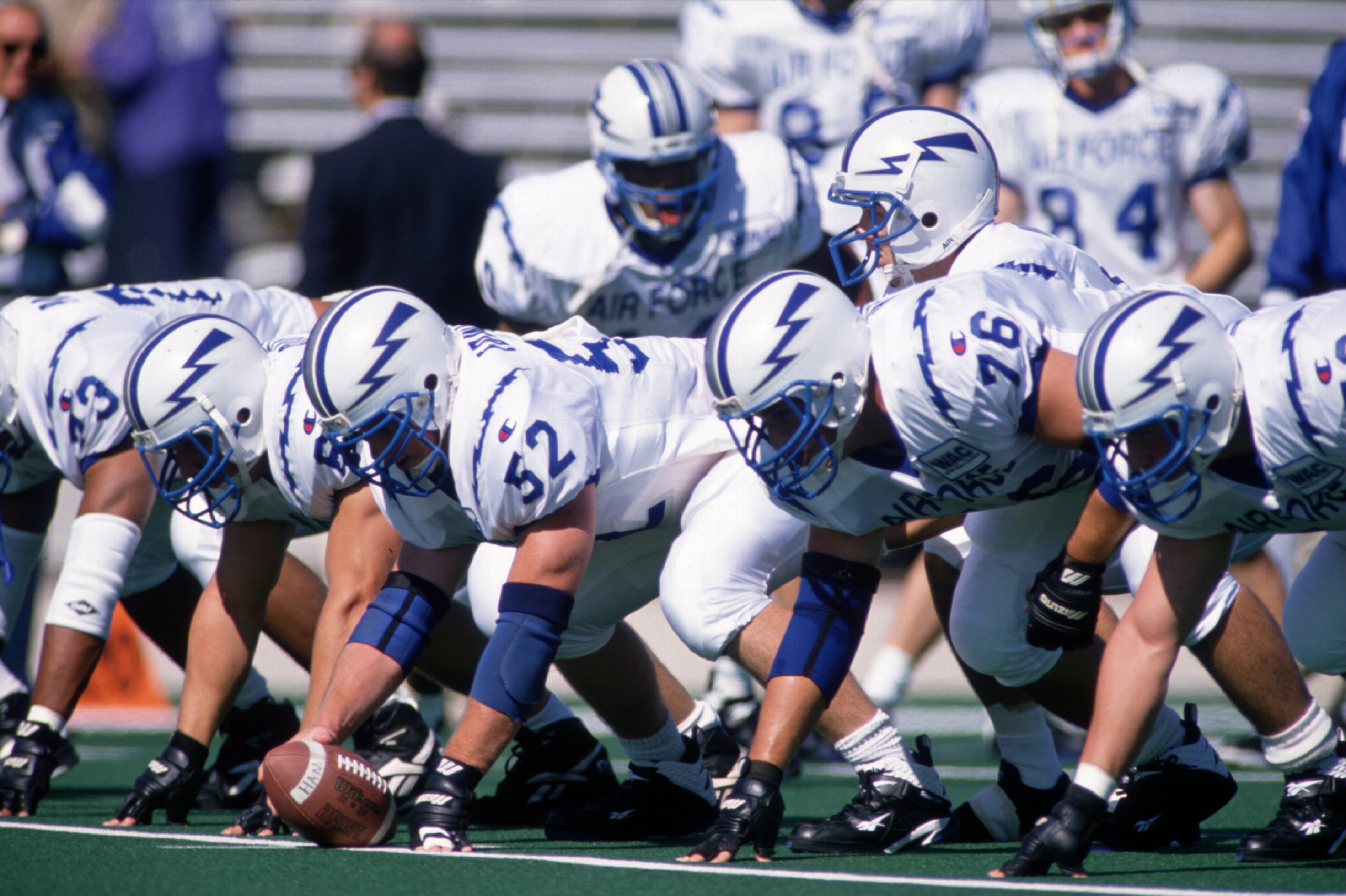 16 SEP 1995:  AIR FORCE QUARTERBACK TOM BROWN STANDS SET WITH HIS OFFENSIVE LINE PRIOR TO AIR FORCE''S 30-6 LOSS TO NORTWESTERN UNIVERSITY AT DYCHE STADIUM IN EVANSTON, ILLINOIS. Mandatory Credit: BRIAN BAHR/ALLSPORT