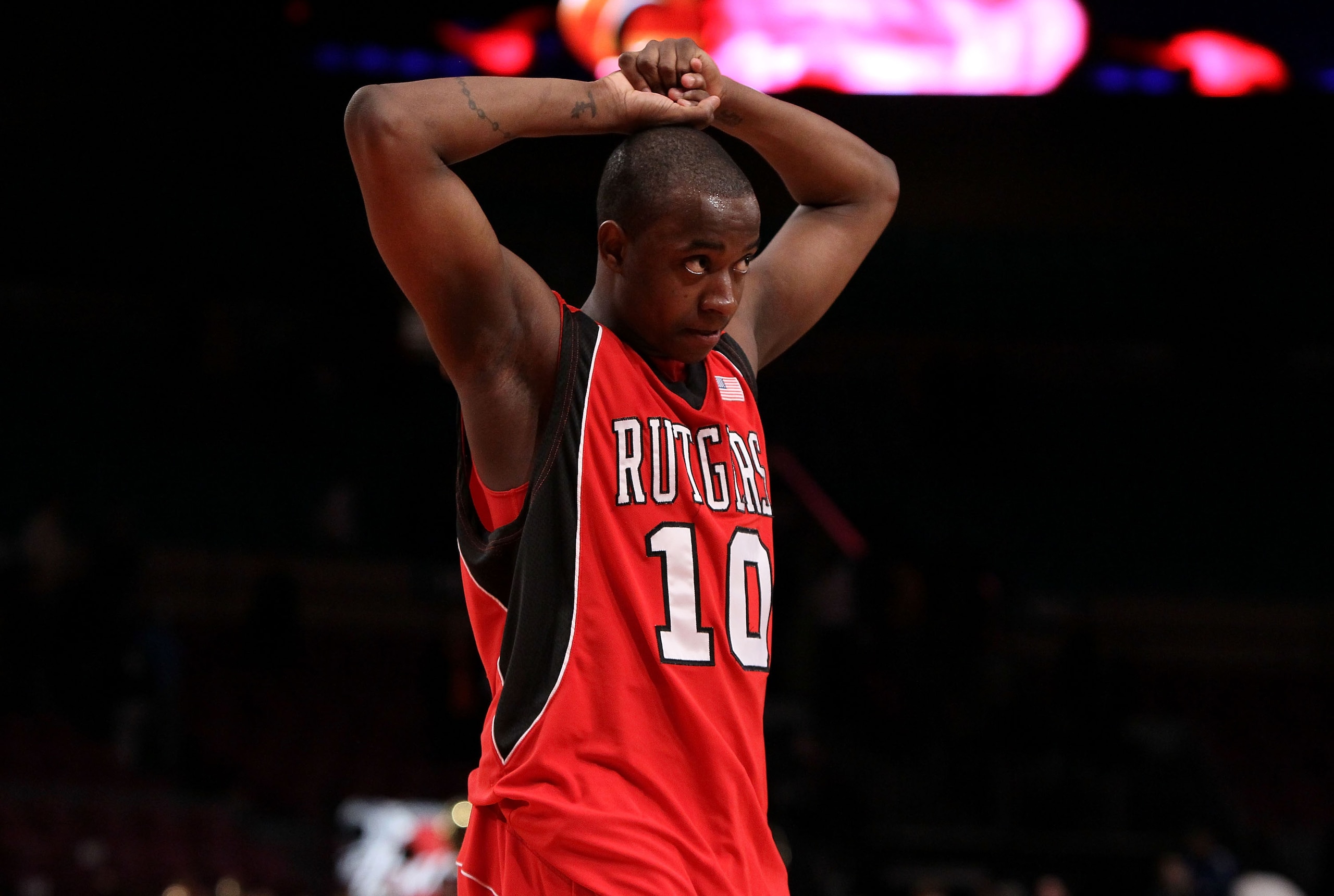 NEW YORK - MARCH 09:  James Beatty #10 of the Rutgers Scarlet Knights reacts after losing to the Cincinnati Bearcats during the first round game of the Big East Basketball Tournament at Madison Square Garden on March 9, 2010 in New York, New York.  (Photo
