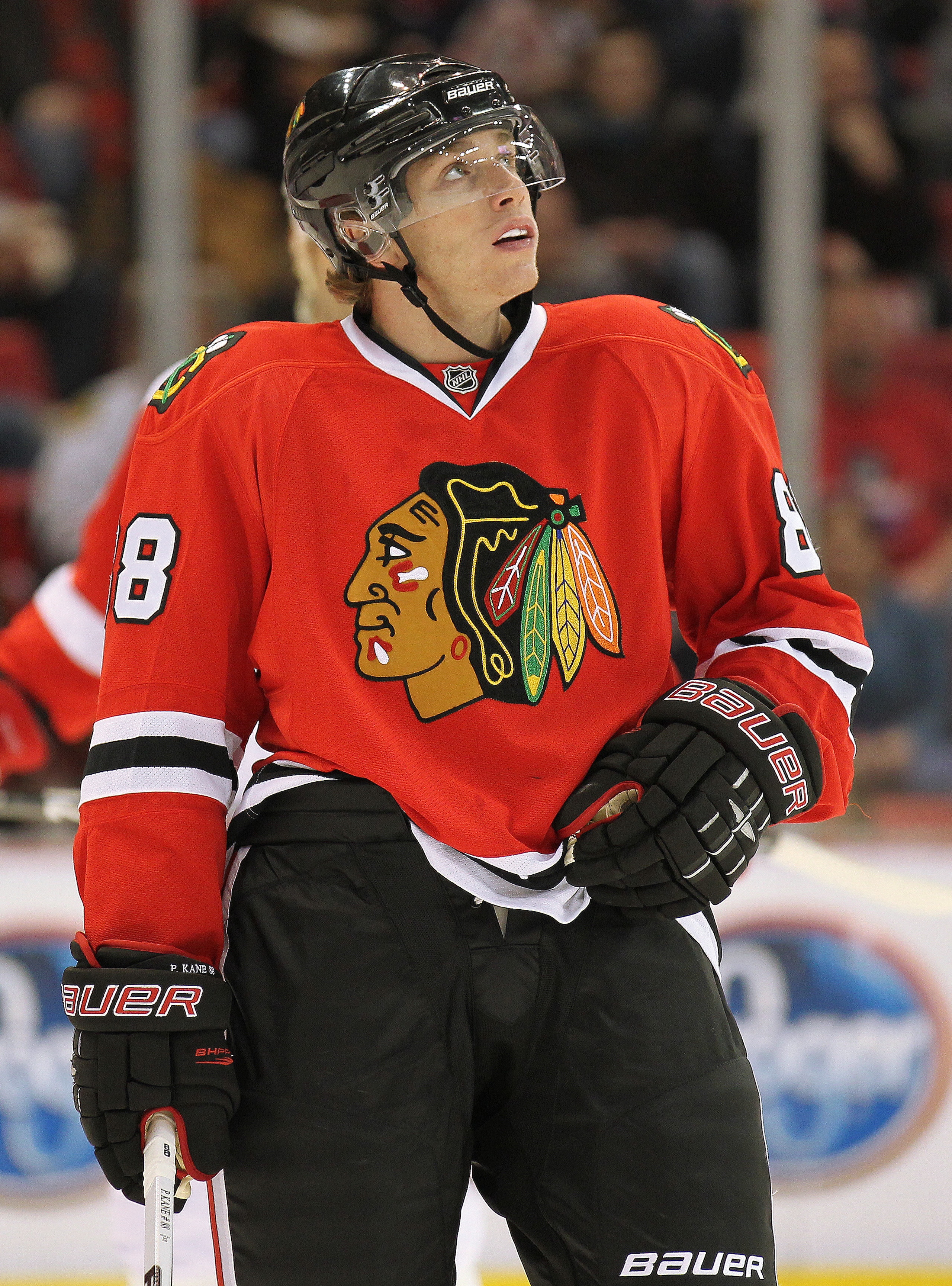 DETROIT, MI - JANUARY 22:  Patrick Kane #88 of the Chicago Black Hawks looks up at the clock in a game against the Detroit Red Wings on January 22, 2011 at the Joe Louis Arena in Detroit, Michigan. The Hawks defeated the Wings 4-1. (Photo by Claus Anderse