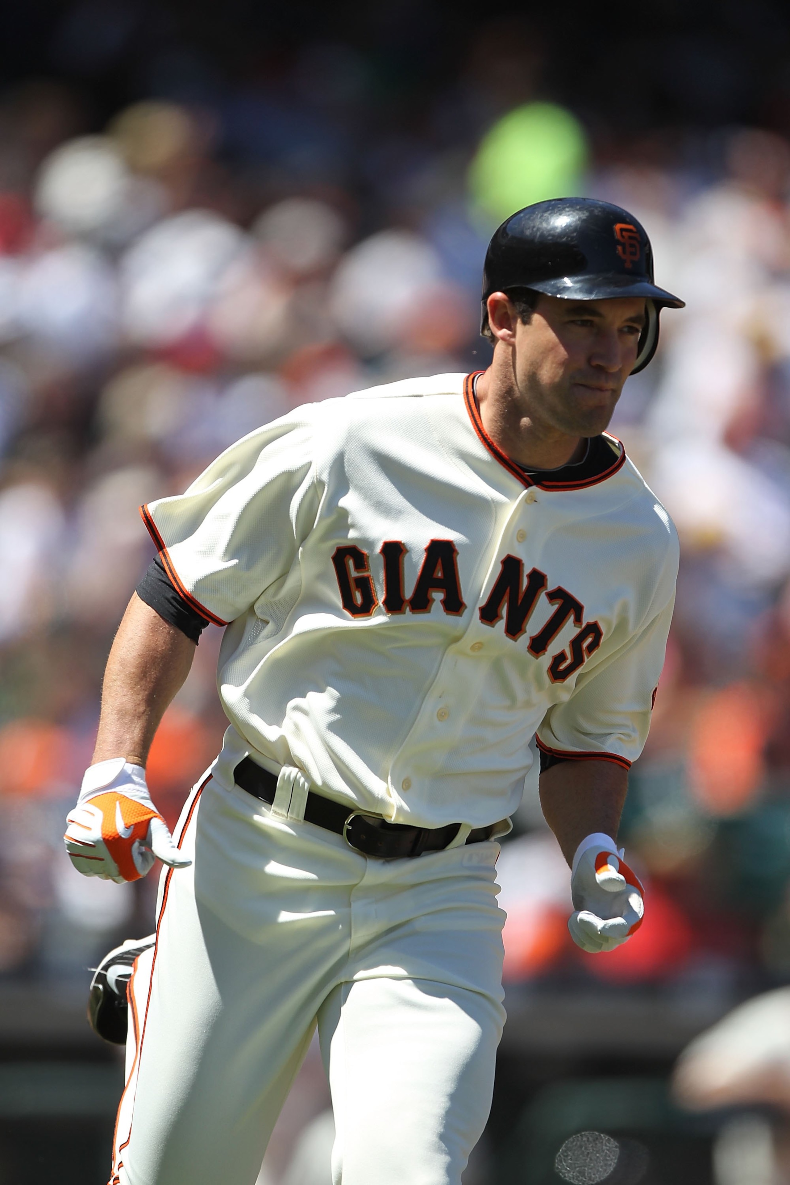 SAN FRANCISCO - JUNE 13:  Pat Burrell #9 of the San Francisco Giants bats against the Oakland Athletics during an MLB game at AT&T Park on June 13, 2010 in San Francisco, California.  (Photo by Jed Jacobsohn/Getty Images)