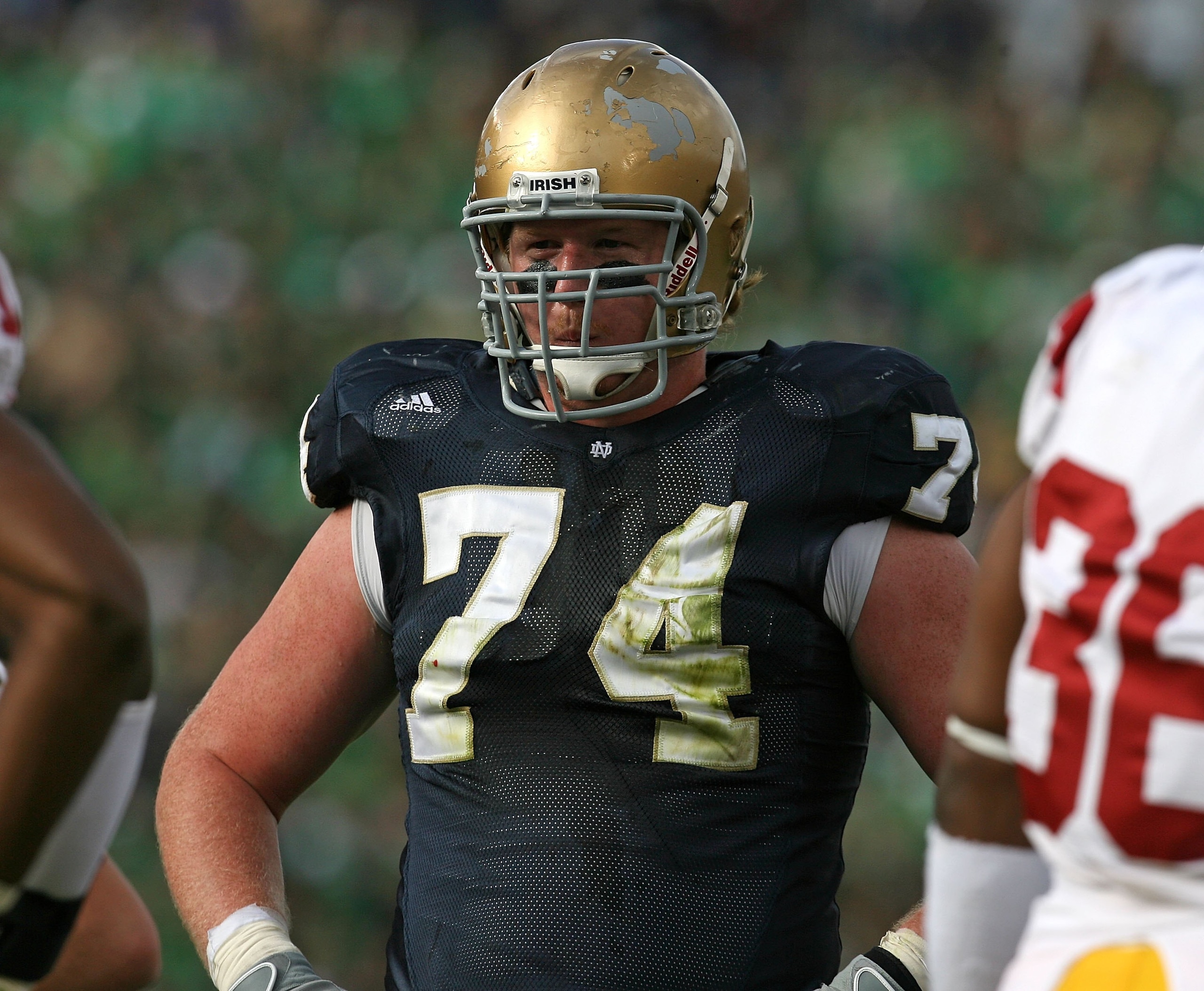 SOUTH BEND, IN - OCTOBER 17: Sam Young #74 of the Notre Dame Fighting Irish awaits the start of play against the USC Trojans at Notre Dame Stadium on October 17, 2009 in South Bend, Indiana. USC defeated Notre Dame 34-27. (Photo by Jonathan Daniel/Getty I