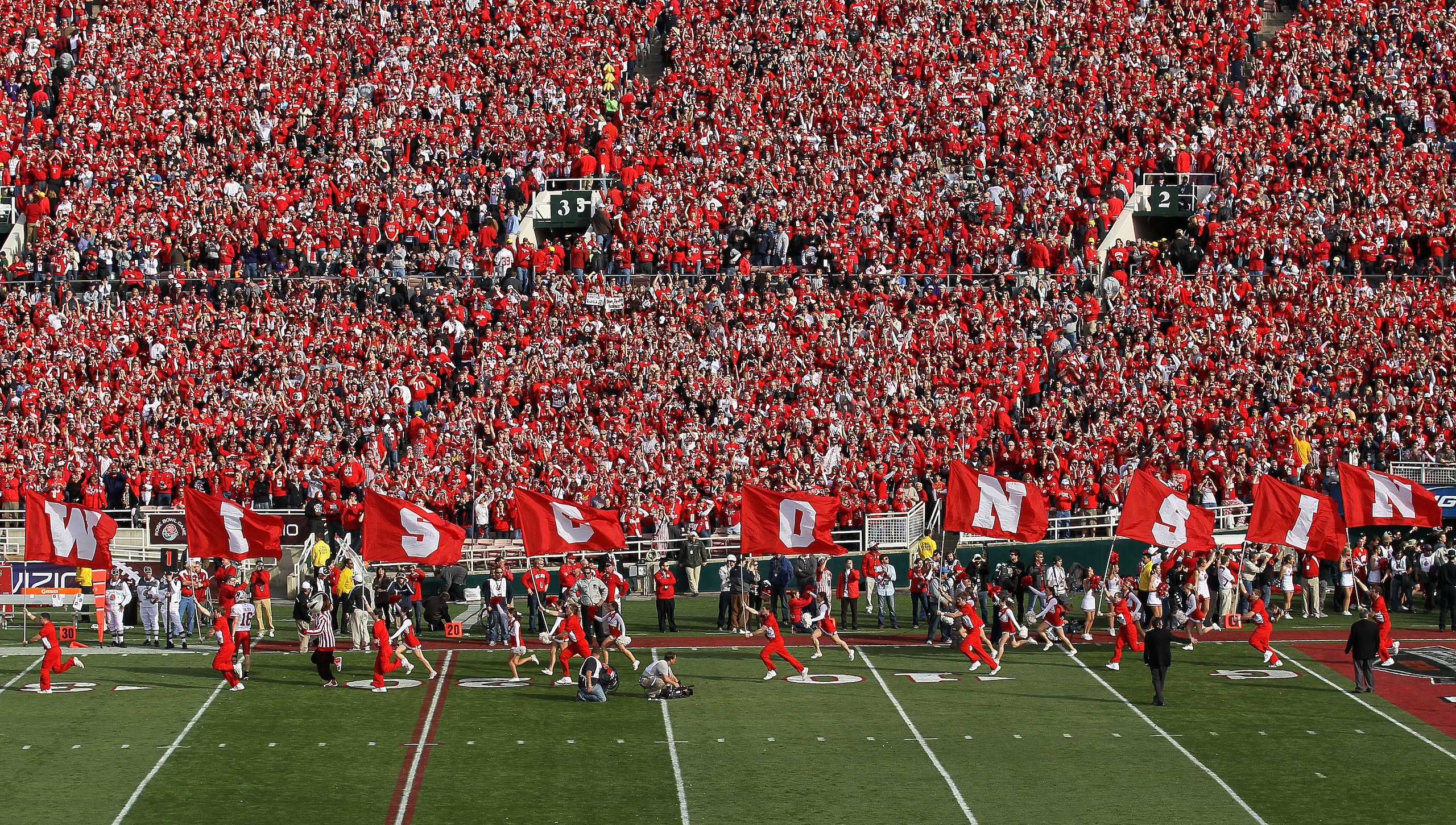 PASADENA, CA - JANUARY 01:  A view of pre-game ceremonies prior to the Wisconsin Badgers and the TCU Horned Frogs playing in the 97th Rose Bowl game on January 1, 2011 in Pasadena, California.  (Photo by Stephen Dunn/Getty Images)