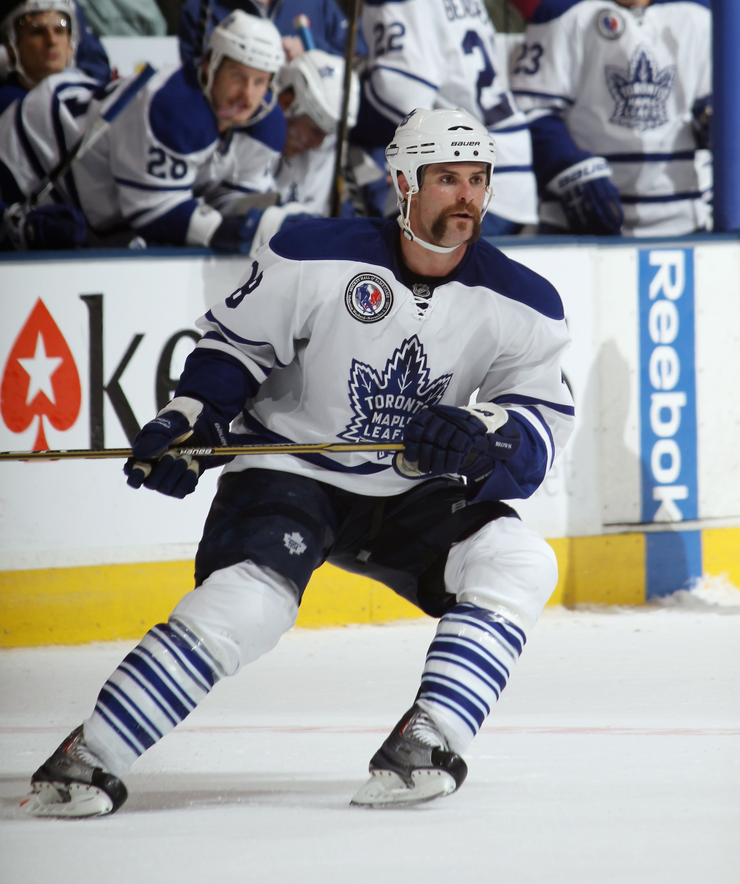 TORONTO, ON - NOVEMBER 06:  Mike Brown #18 of the Toronto Maple Leafs skates in his first NHL game against the Buffalo Sabres at the Air Canada Centre on November 6, 2010 in Toronto, Canada. The Sabres defeated the Maple Leafs 3-2.  (Photo by Bruce Bennet