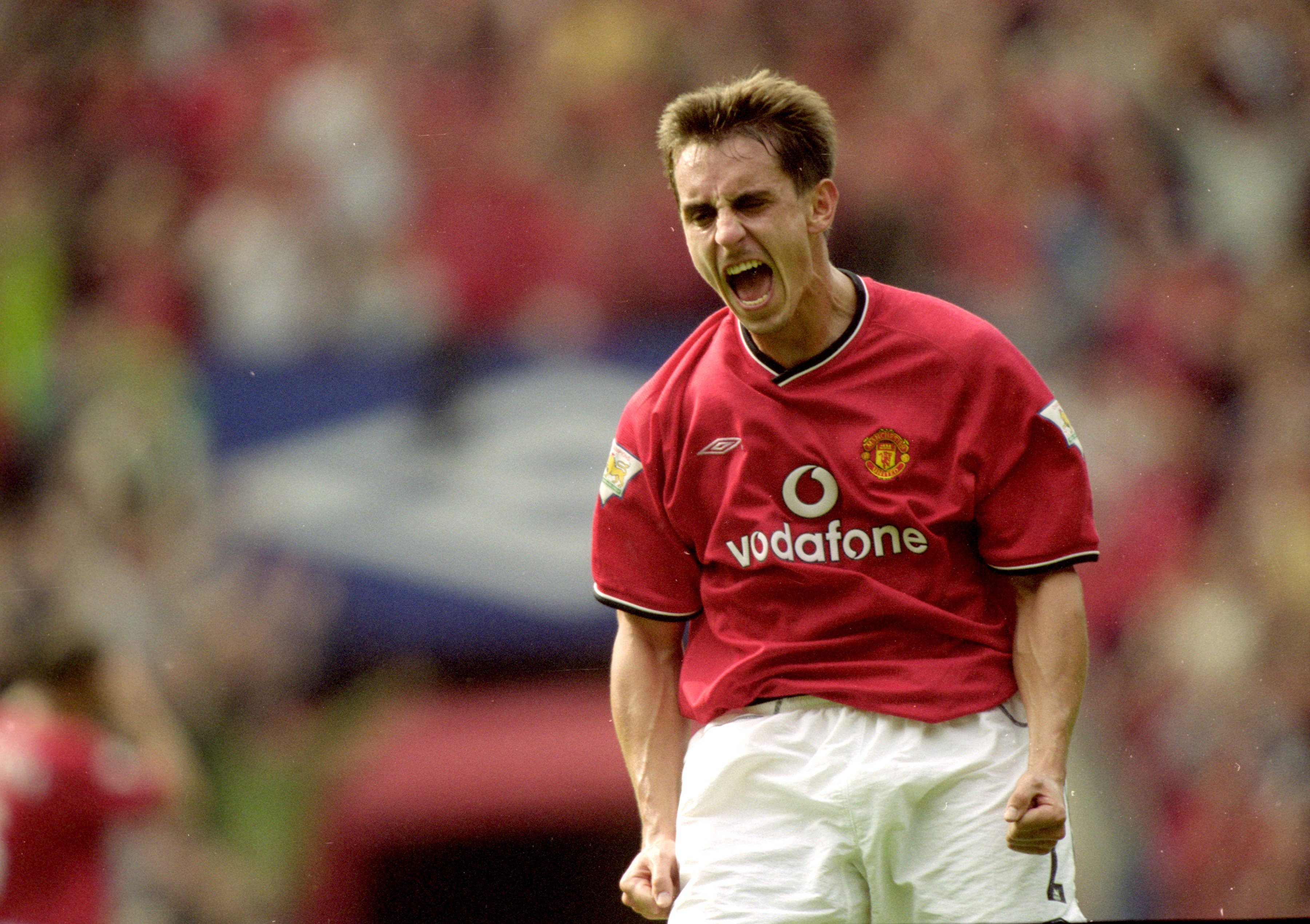 23 Sep 2000:  Gary Neville of Manchester United celebrates during the FA Carling Premiership match against Chelsea at Old Trafford, in Manchester, England. The match ended in a 3-3 draw. \ Mandatory Credit: Ben Radford /Allsport
