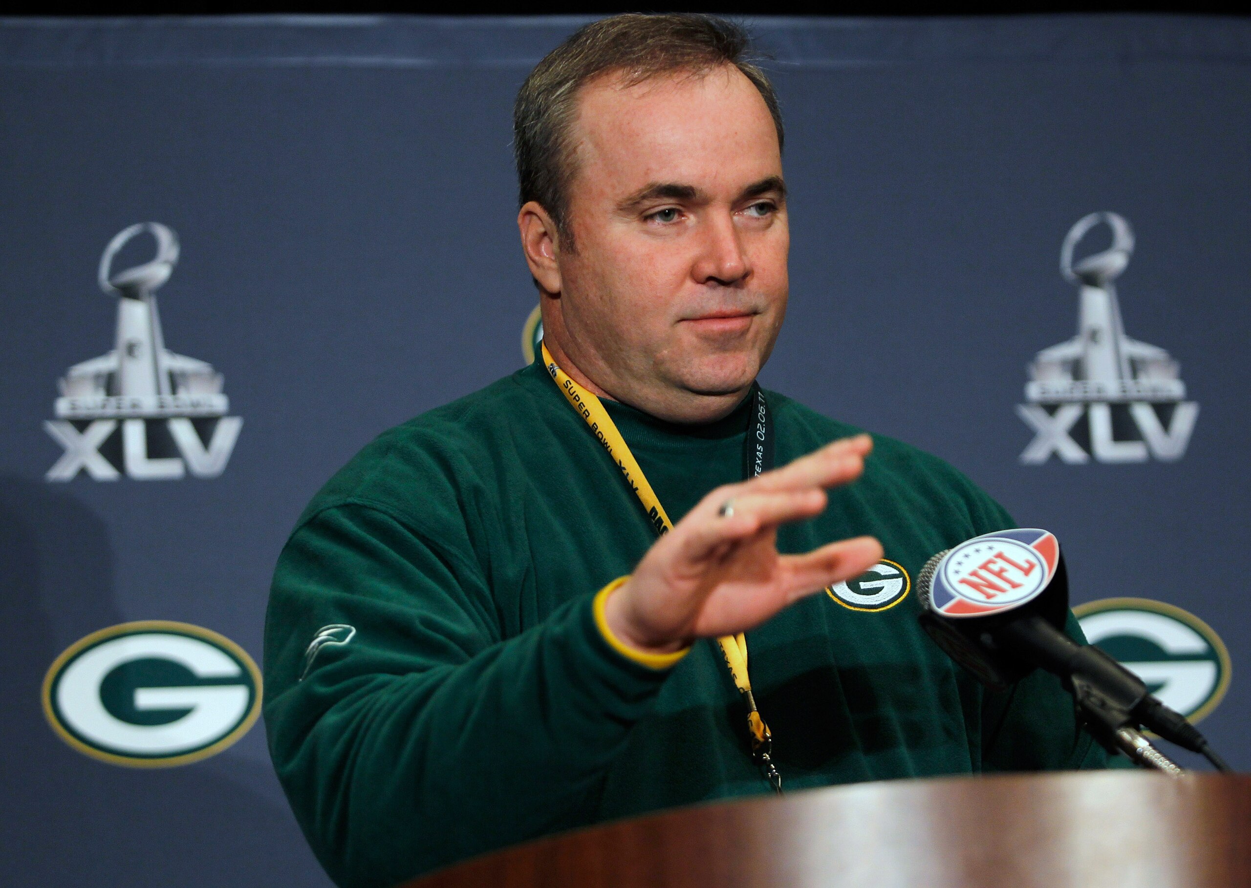IRVING, TX - FEBRUARY 02:  Head coach Mike McCarthy of the Green Bay Packers talks to the media on February 2, 2011 in Irving, Texas. The Green Bay Packers will play the Pittsburgh Steelers in Super Bowl XLV on February 6, 2011 at Cowboys Stadium in Arlin