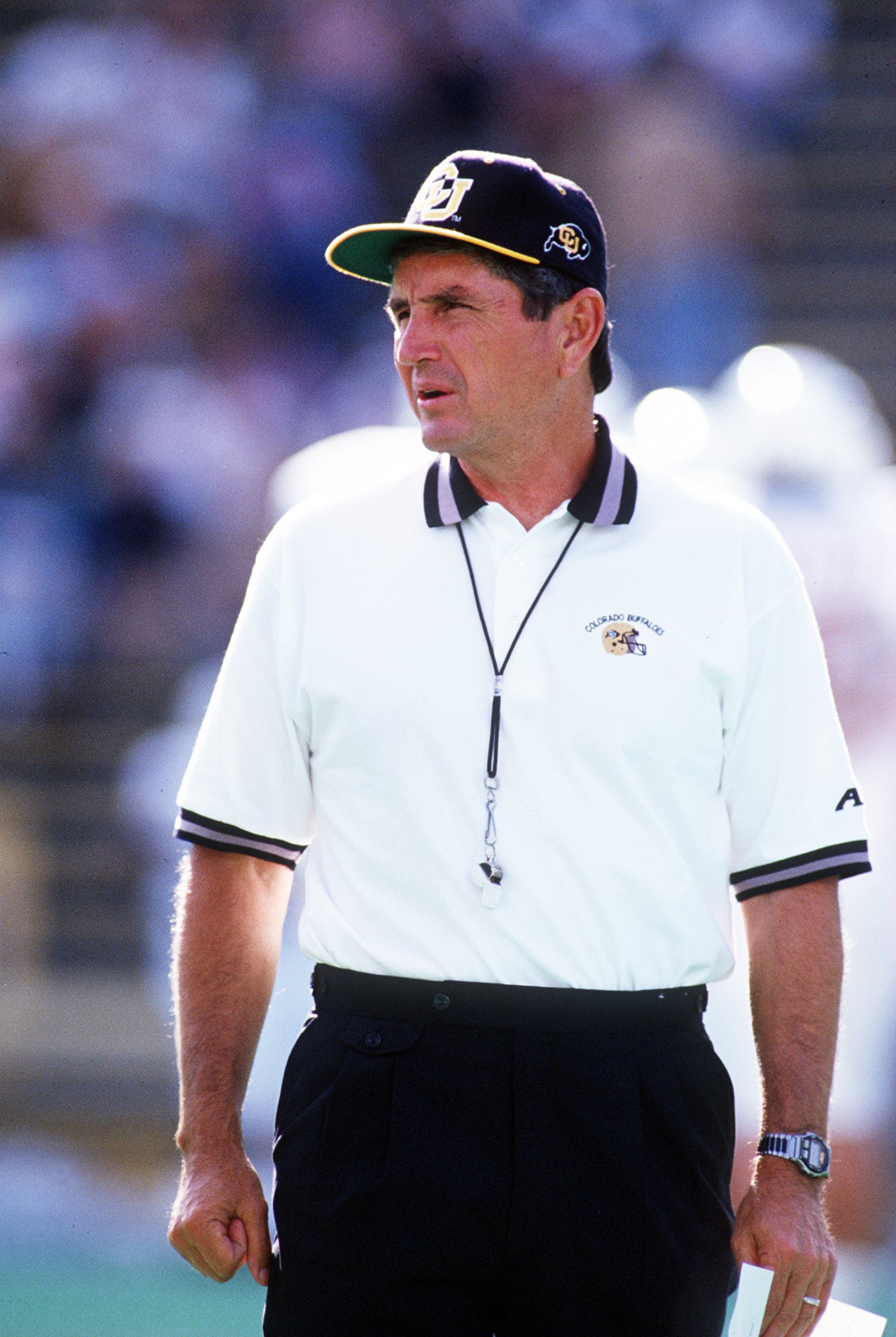 4 SEP 1993:  COLORADO COACH BILL MCCARTNEY ON THE FIELD BEFORE THE GAME, PREPARING HIS BUFFALOES FOR THEIR GAME VERSUS THE TEXAS LONGHORNS. Mandatory Credit: Tim Defrisco/ALLSPORT