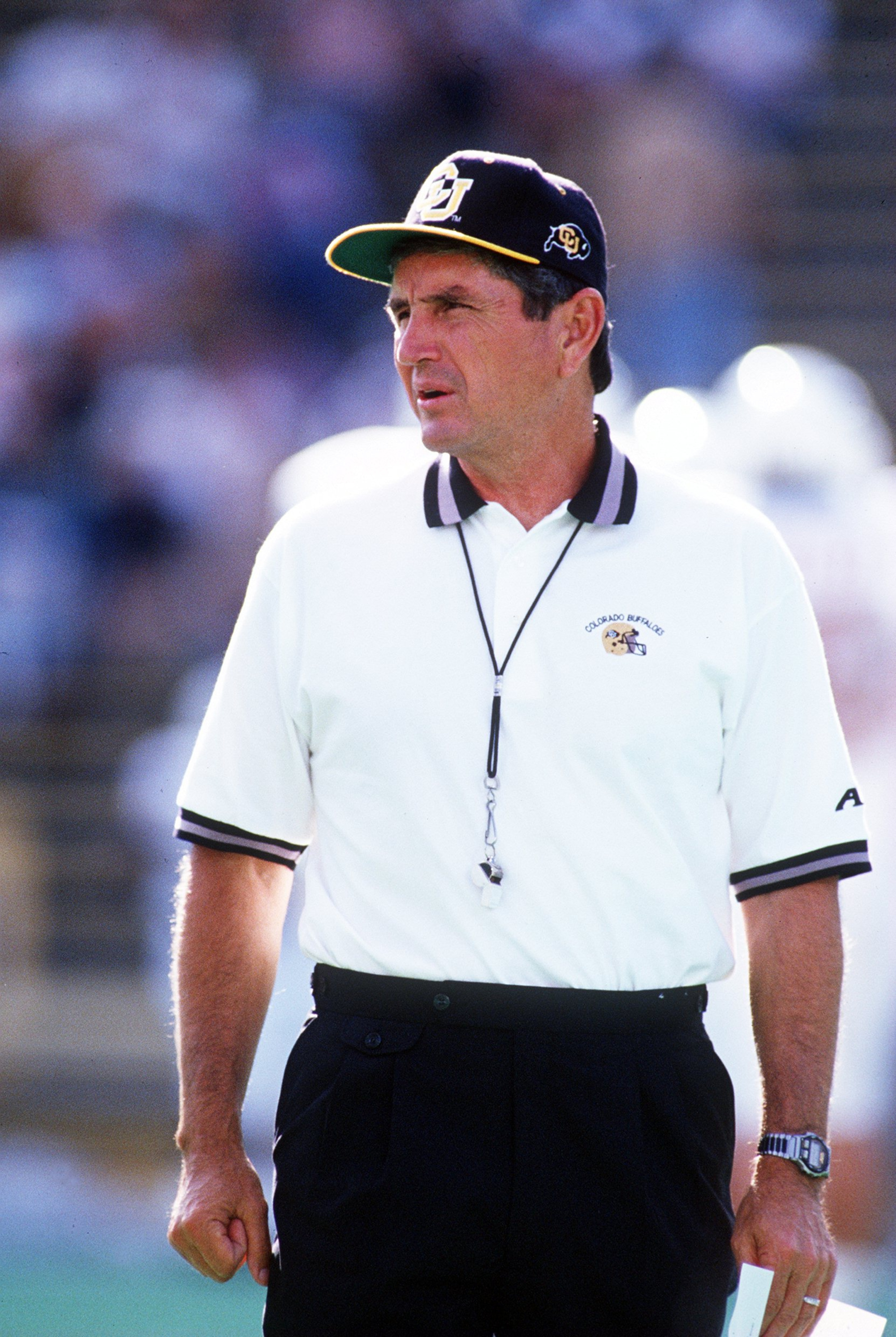 4 SEP 1993:  COLORADO COACH BILL MCCARTNEY ON THE FIELD BEFORE THE GAME, PREPARING HIS BUFFALOES FOR THEIR GAME VERSUS THE TEXAS LONGHORNS. Mandatory Credit: Tim Defrisco/ALLSPORT
