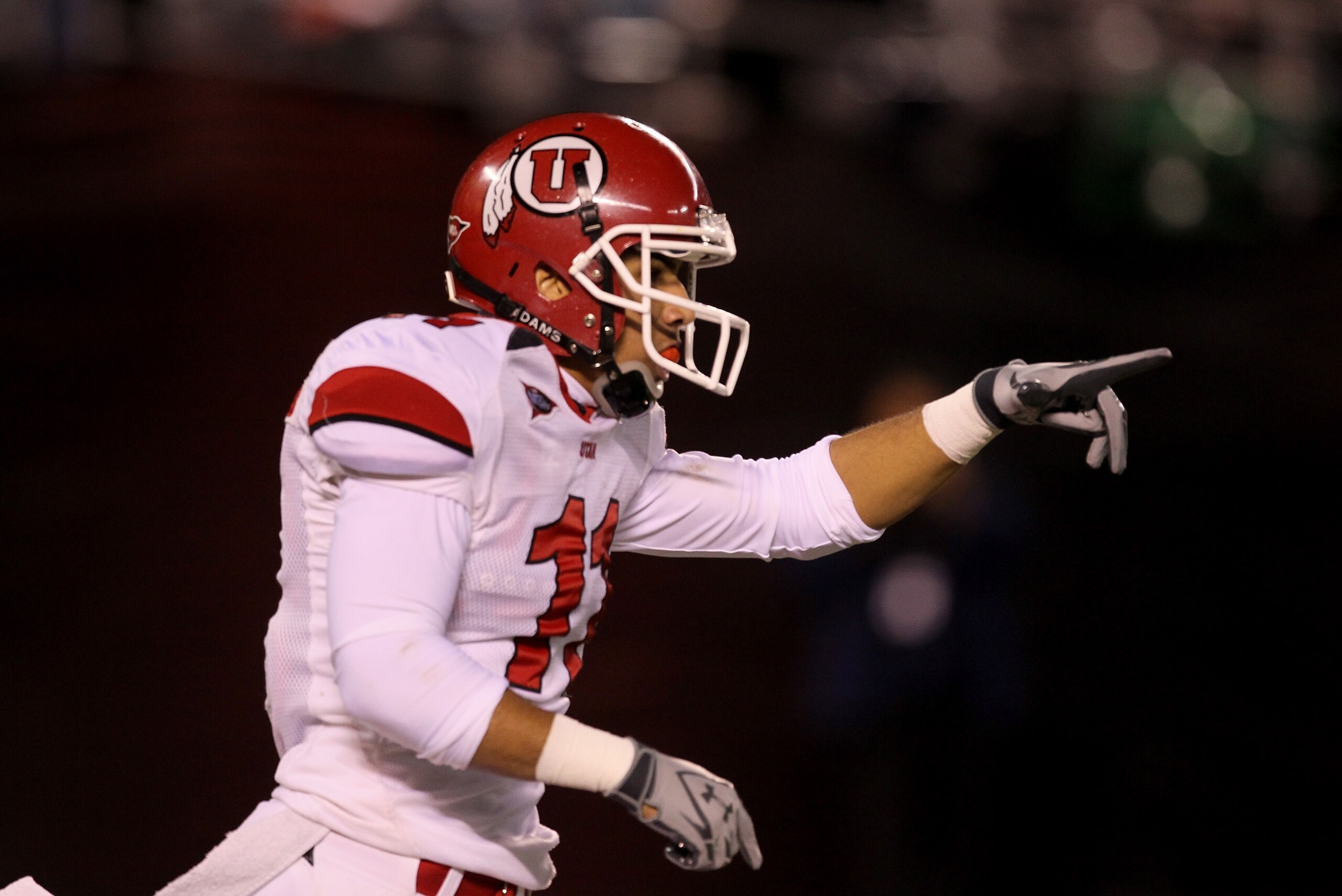SAN DIEGO - NOVEMBER 20:  Wide receiver Luke Matthews #11 of the Utah Utes celerates after his 57 yard touchdown reception against the San Diego State Aztecs in the second quarter at Qualcomm Stadium on November 20, 2010 in San Diego, California.  (Photo 