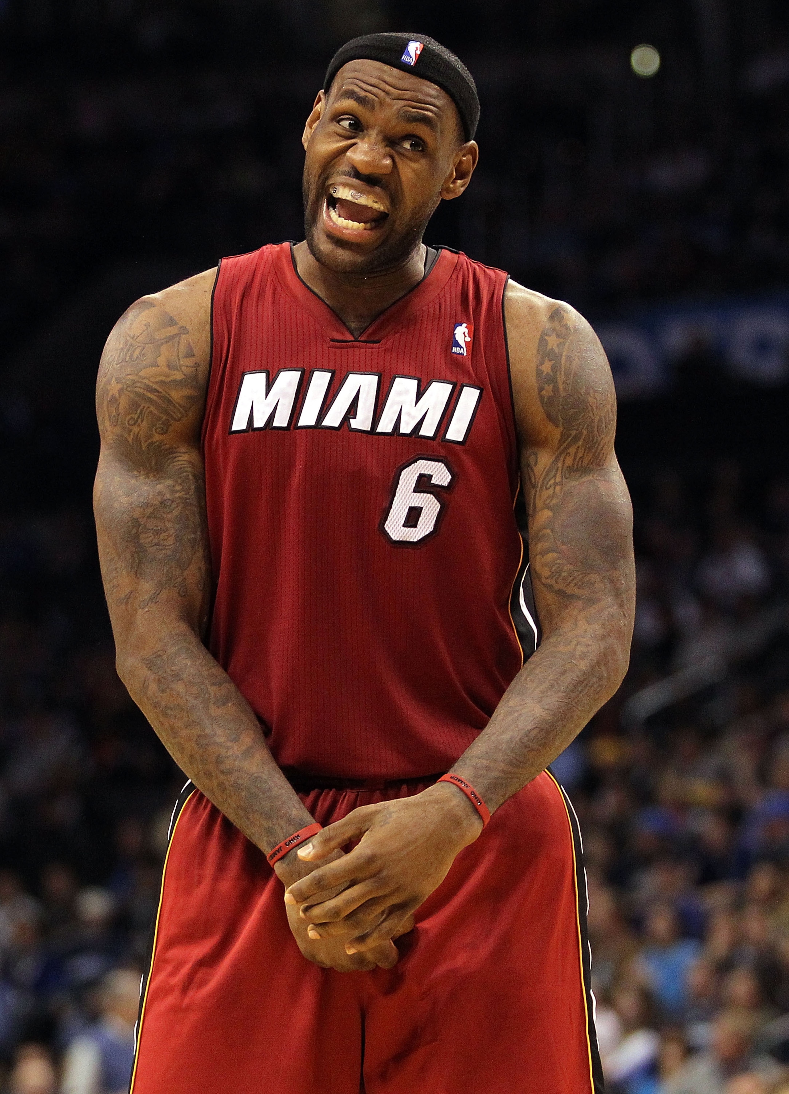 OKLAHOMA CITY, OK - JANUARY 30:  Forward LeBron James #6 of the Miami Heat reacts during play against the Oklahoma City Thunder at Ford Center on January 30, 2011 in Oklahoma City, Oklahoma.  NOTE TO USER: User expressly acknowledges and agrees that, by d