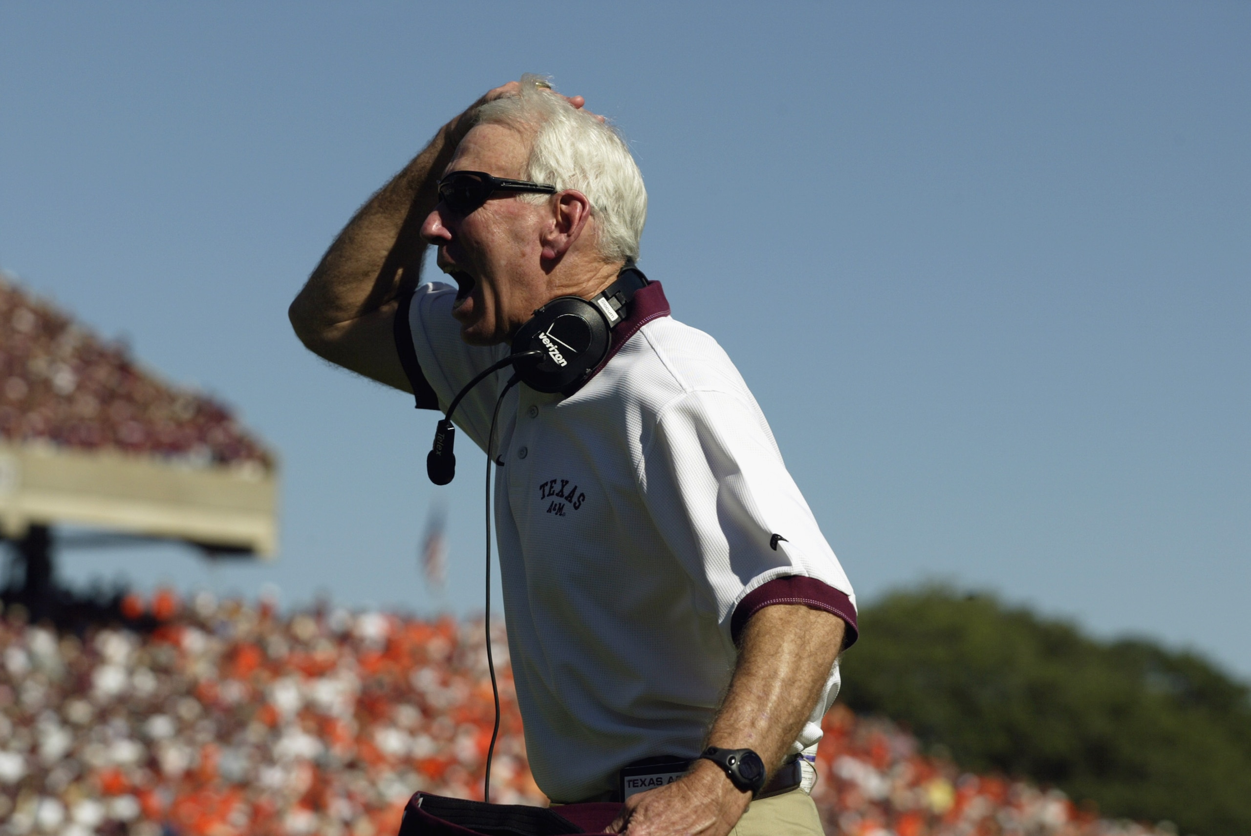 COLLEGE STATION, TX - SEPTEMBER 21:  Head coach R.C. Slocum of the Texas A&M Aggies rips his hair out during the NCAA football game against the Virginia Tech Hokies on September 21, 2002 at Kyle Field in College Station, Texas. The Hokies won 13-3. (Photo