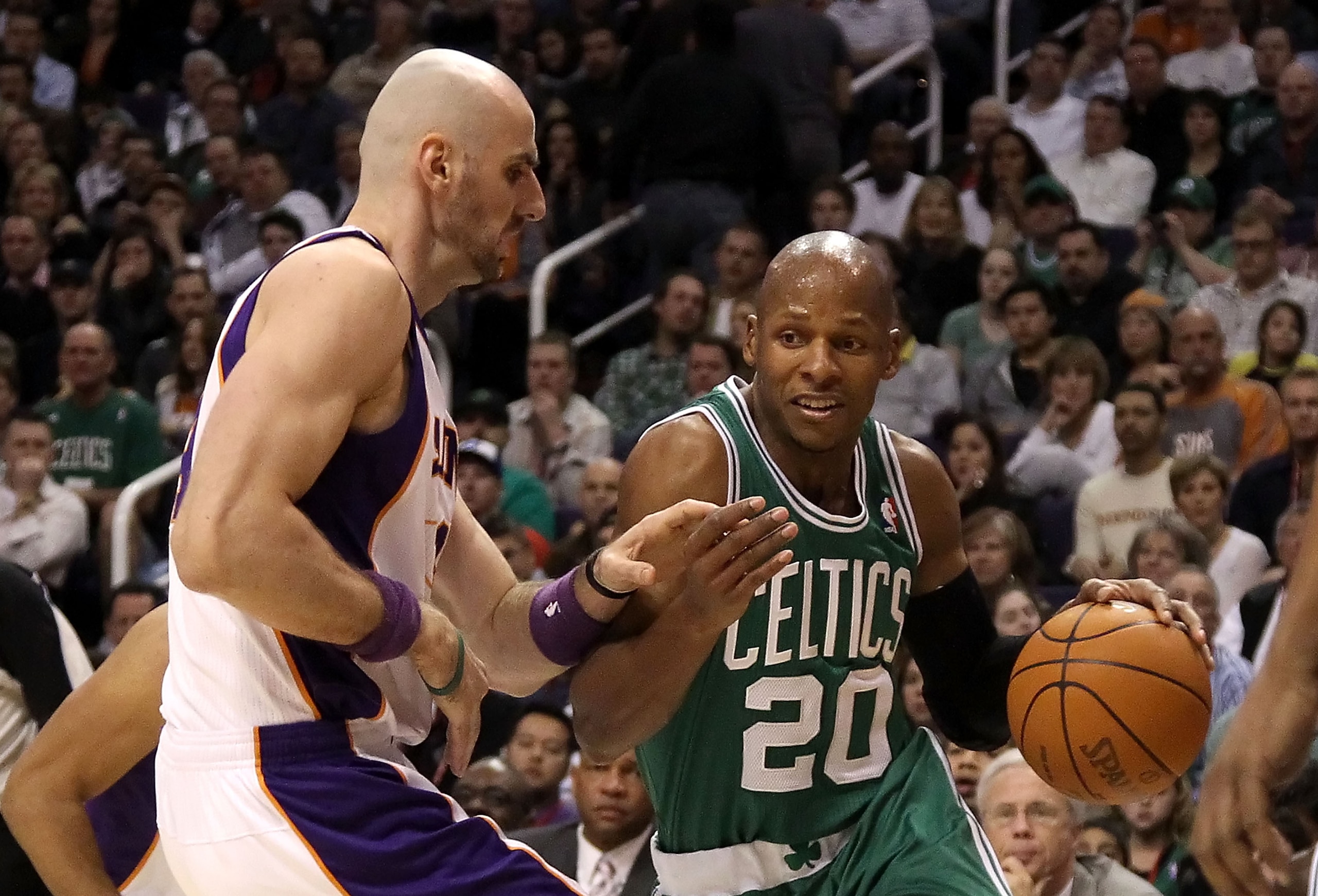 PHOENIX, AZ - JANUARY 28:  Ray Allen #20 of the Boston Celtics drives the ball during the NBA game against the Phoenix Suns at US Airways Center on January 28, 2011 in Phoenix, Arizona. The Suns defeated the Celtics 88-71. NOTE TO USER: User expressly ack