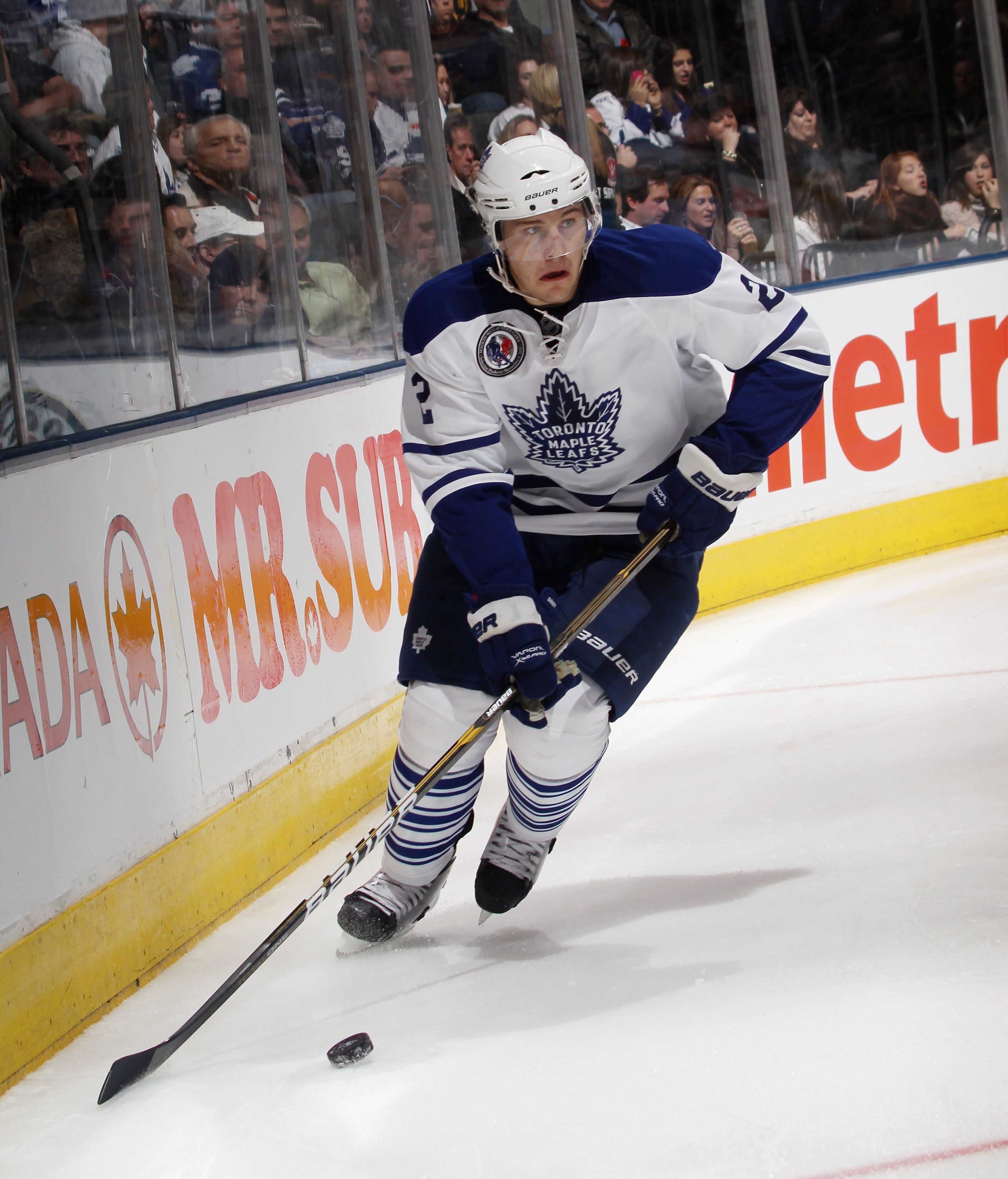 TORONTO, ON - NOVEMBER 06: Luke Schenn #2 of the Toronto Maple Leafs skates against the Buffalo Sabres at the Air Canada Centre on November 6, 2010 in Toronto, Canada.  (Photo by Bruce Bennett/Getty Images)