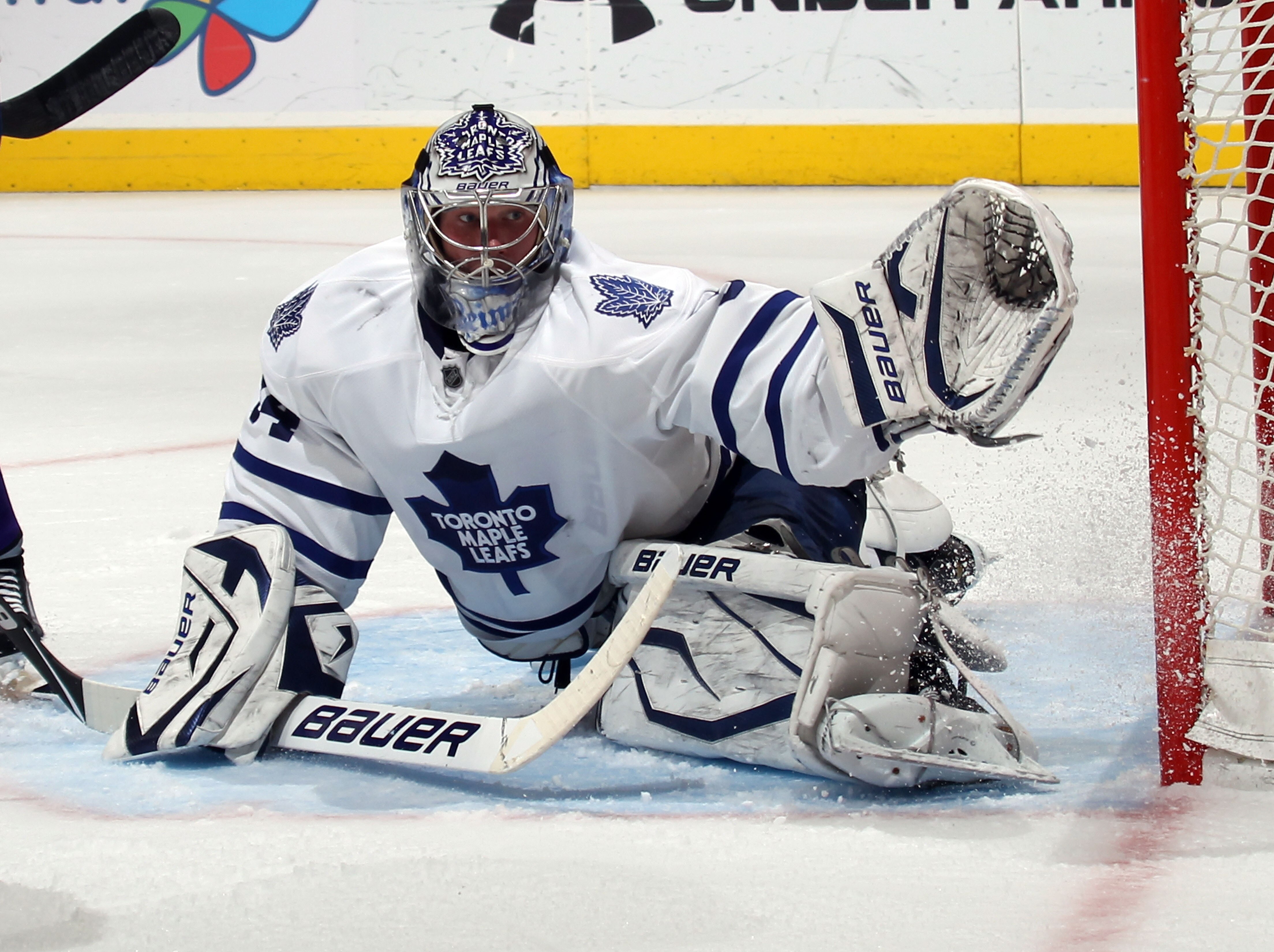 LOS ANGELES, CA - JANUARY 10: James Reimer #34 of the Toronto Maple Leafs blocks the net against the Los Angeles Kings at the Staples Center on January 10, 2011 in Los Angeles, California. The Leafs defeated the Kings 3-2. (Photo by Bruce Bennett/Getty Im