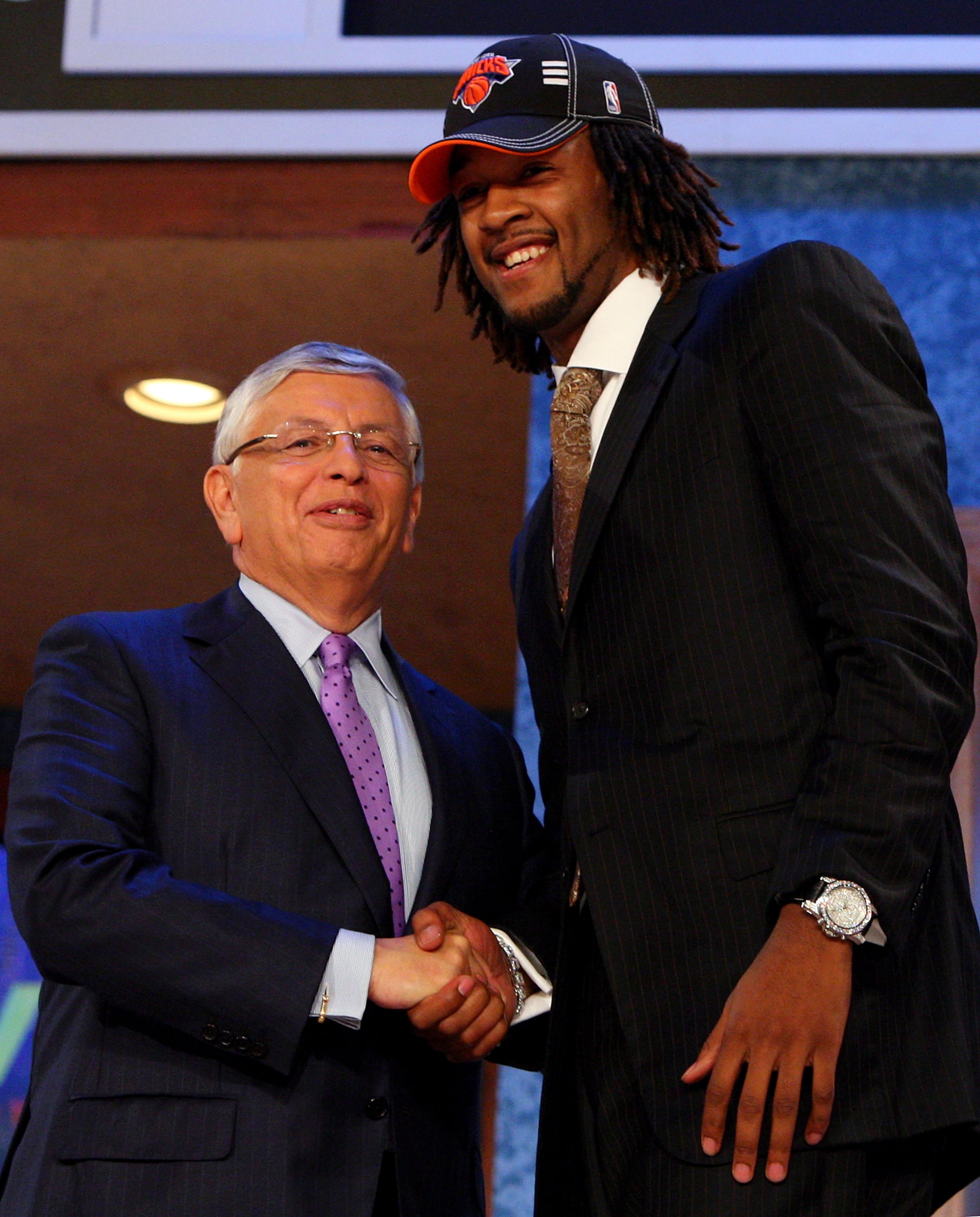 NEW YORK - JUNE 25:  NBA Commissioner David Stern poses for a photograph with the eighth overall draft pick by the New York Knicks,  Jordan Hill during the 2009 NBA Draft at the Wamu Theatre at Madison Square Garden June 25, 2009 in New York City. NOTE TO
