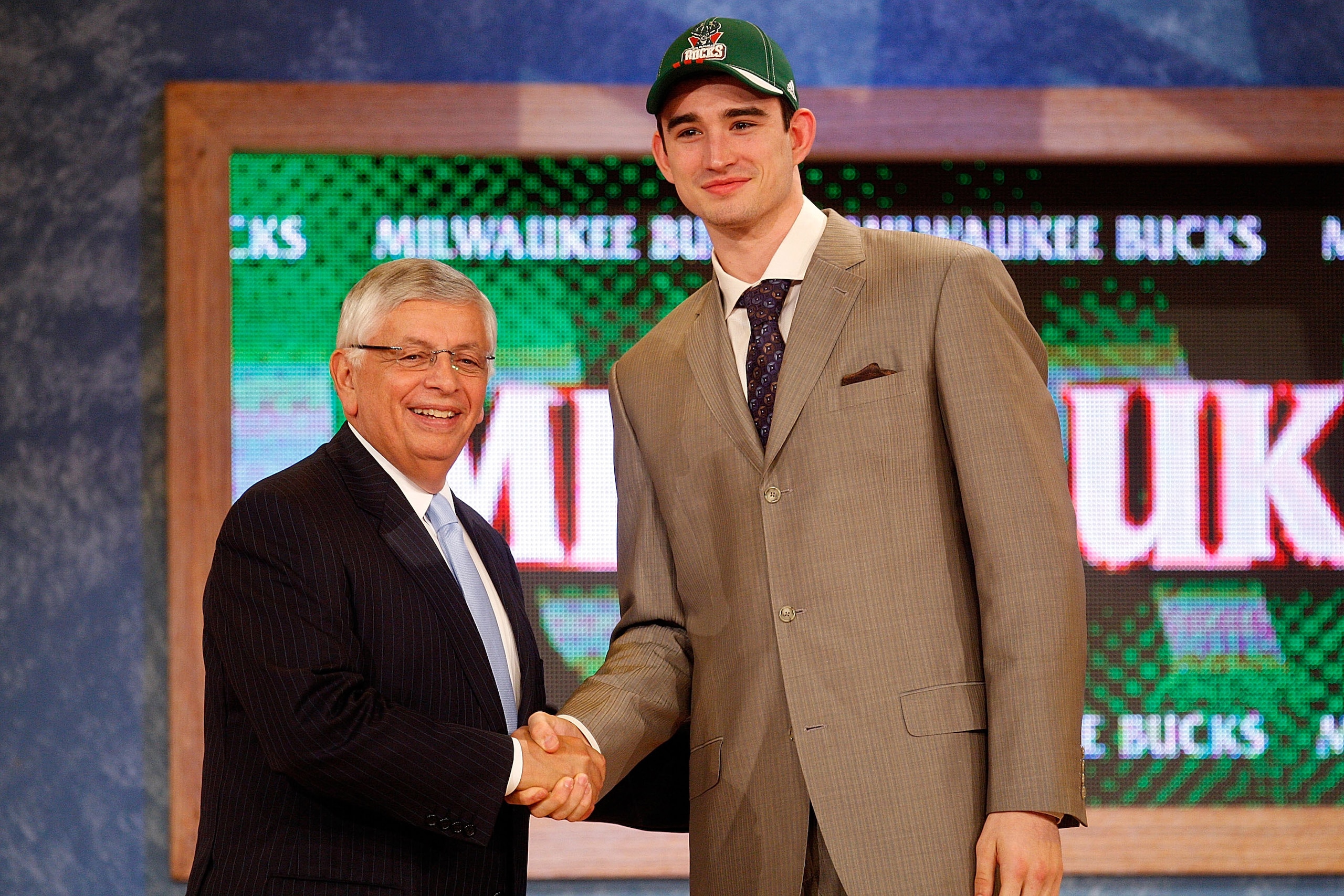 NEW YORK - JUNE 26:  NBA Commissioner David Stern shakes hands with number eight draft pick for the Milwaukee Bucks, Joe Alexander during the 2008 NBA Draft at the Wamu Theatre at Madison Square Garden June 26, 2008 in New York City. NOTE TO USER: User ex
