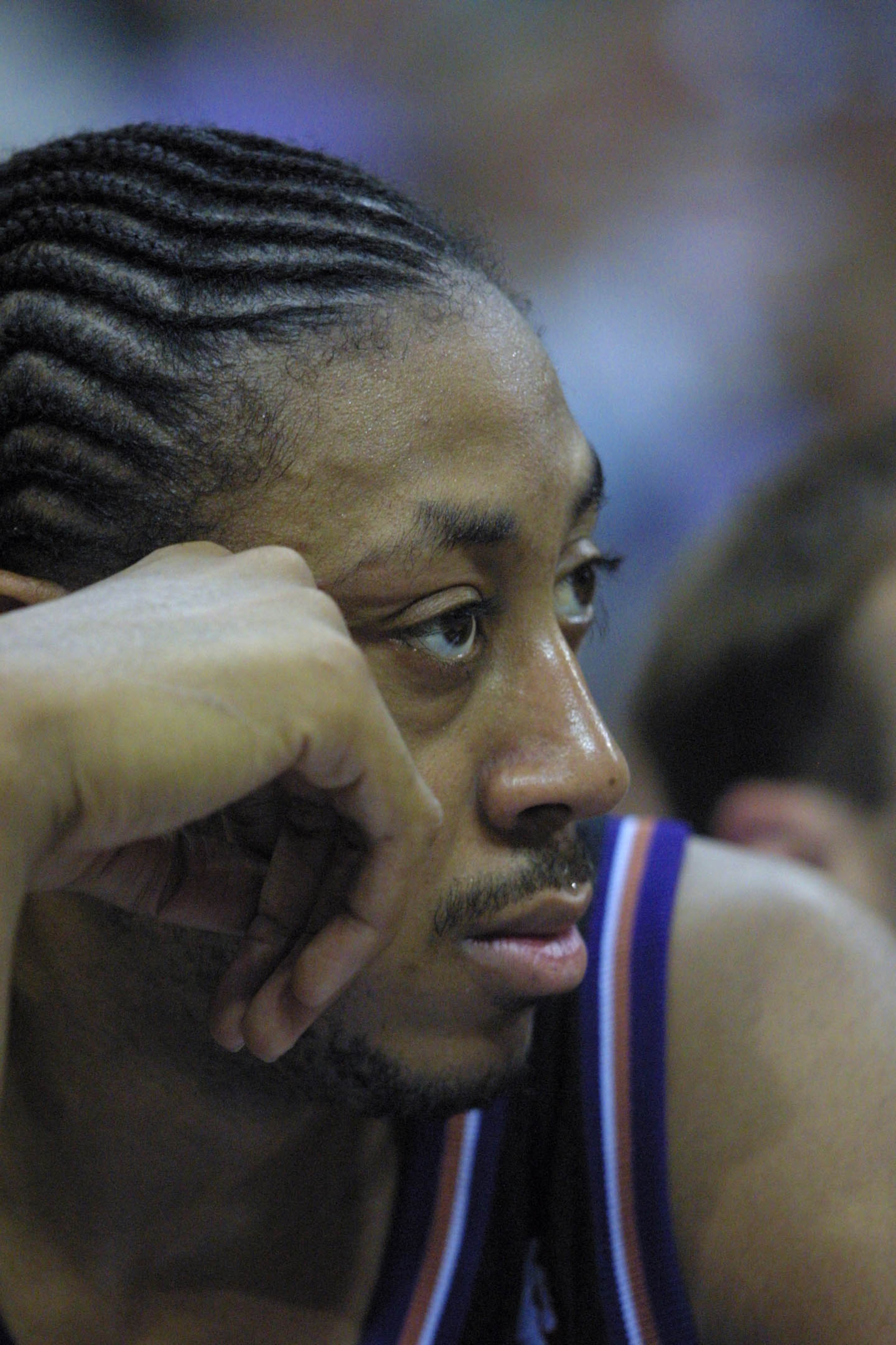 1 May 2001:  Donyell Marshall #42 of the Utah Jazz looks on in game four of round one in the NBA playoffs against the Dallas Mavericks at Reunion Arena in Dallas, Texas.  The Mavericks won 107-77. DIGITAL IMAGE.  Mandatory Credit:  Ronald Martinez/Allspor