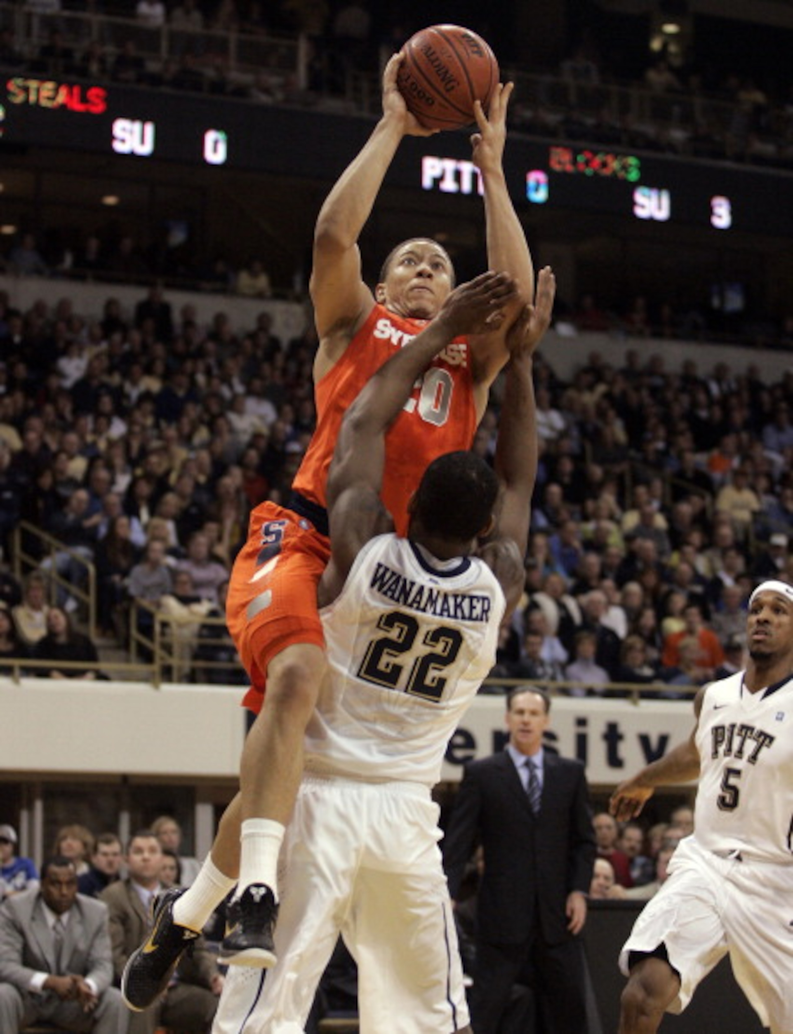 PITTSBURGH, PA - JANUARY 17:  Brandon Triche #20 of the Syracuse Orange attempts a lay up against the Pittsburgh Panthers at Petersen Events Center on January 17, 2011 in Pittsburgh, Pennsylvania.  (Photo by Justin K. Aller/Getty Images)