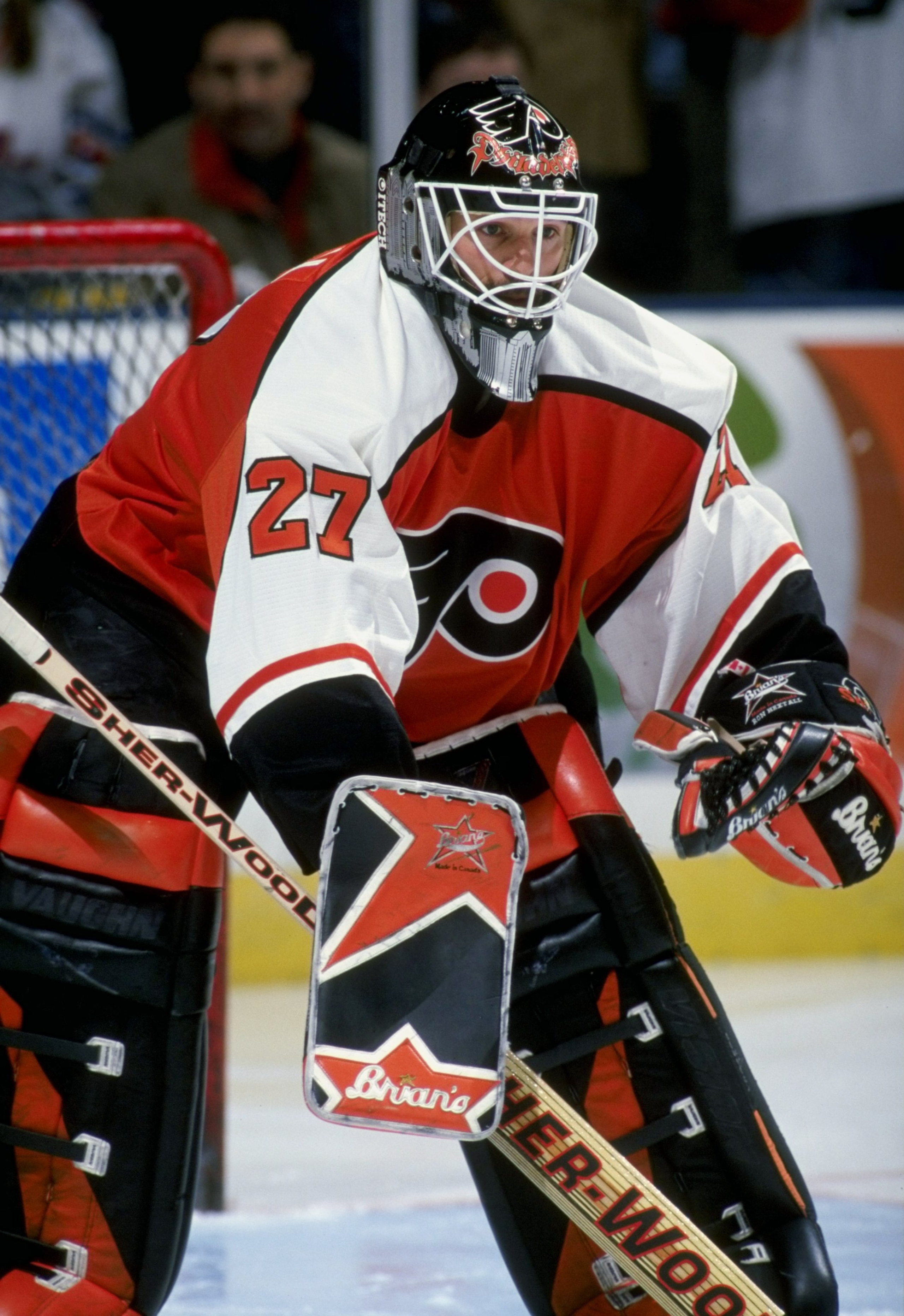 24 Mar 1998:  Goaltender Ron Hextall of the Philadelphia Flyers in action during a game against the New Jersey Devils at the Continental Airlines Arena in East Rutherford, New Jersey. The Devils defeated the Flyers 3-2. Mandatory Credit: Craig Melvin  /Al