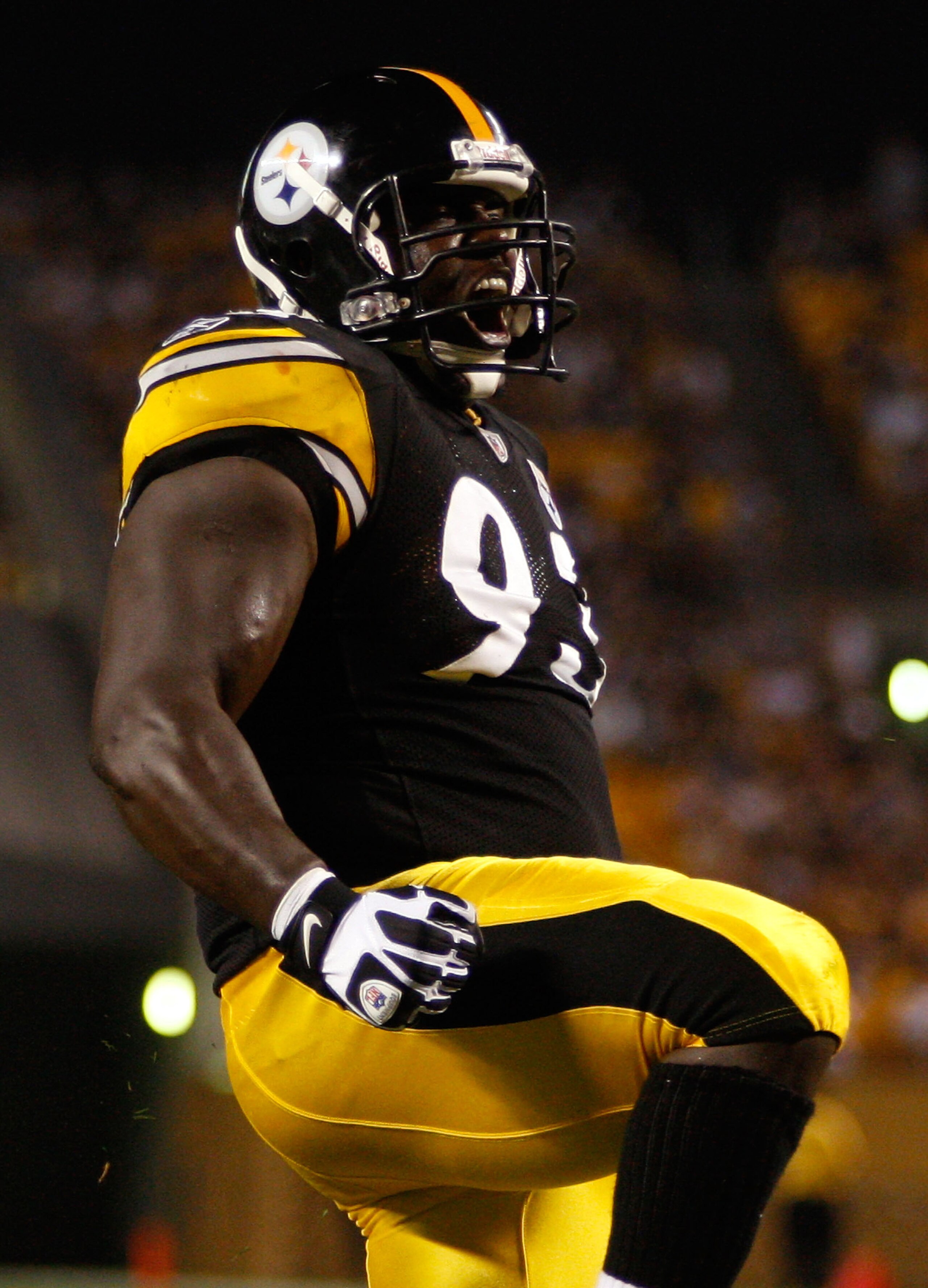 PITTSBURGH - SEPTEMBER 02:  Nick Eason #93 of the Pittsburgh Steelers celebrates after a sack against the Carolina Panthers during the preseason game on September 2, 2010 at Heinz Field in Pittsburgh, Pennsylvania.  (Photo by Jared Wickerham/Getty Images)