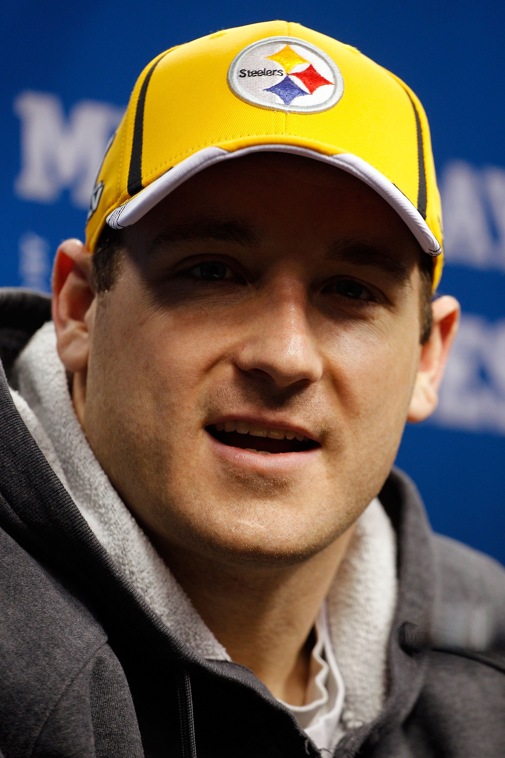 ARLINGTON, TX - FEBRUARY 01:  Heath Miller #83 of the Pittsburgh Steelers addresses the media during Super Bowl XLV Media Day ahead of Super Bowl XLV at Cowboys Stadium on February 1, 2011 in Arlington, Texas. The Pittsburgh Steelers will play the Green B