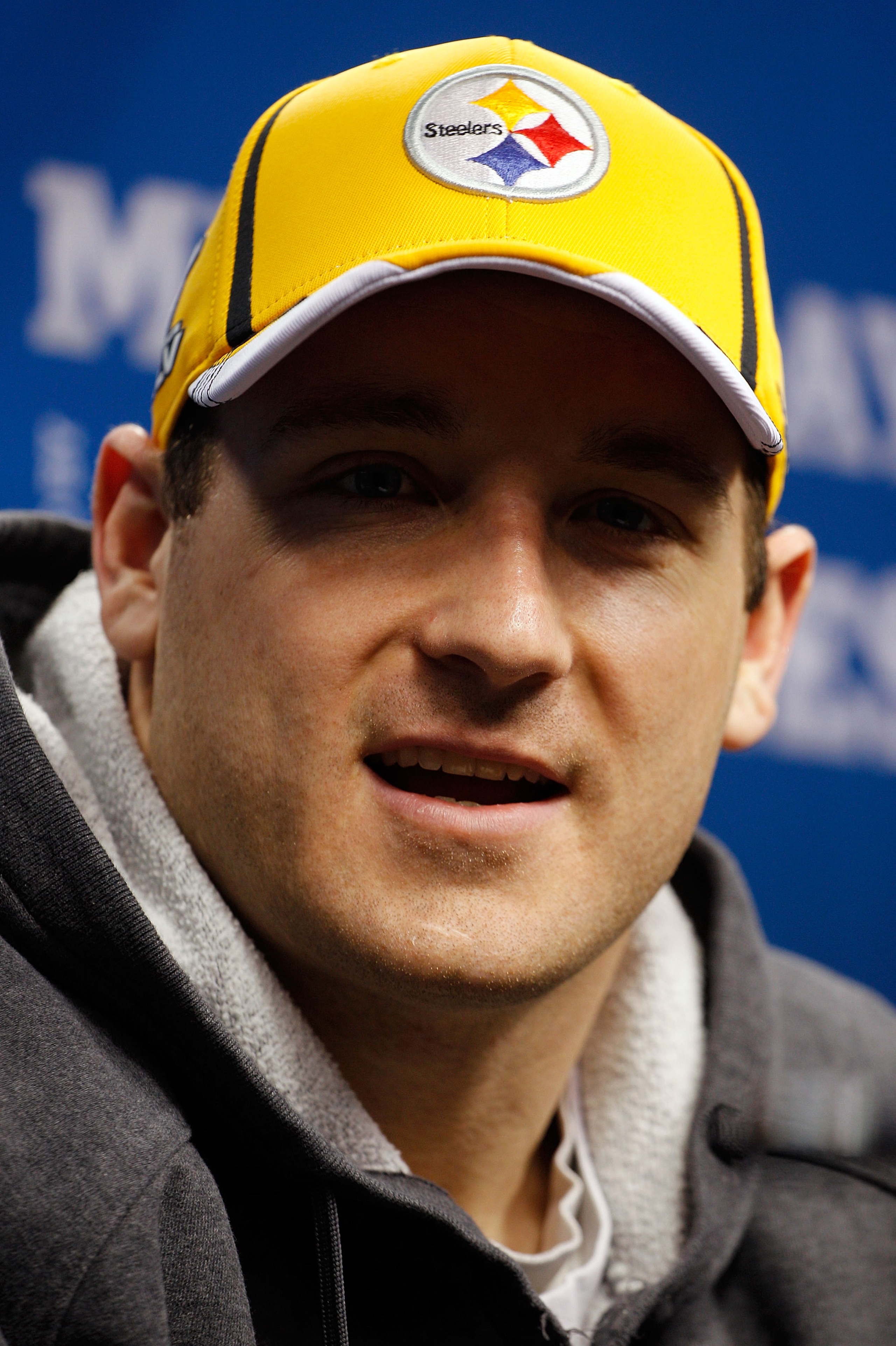 ARLINGTON, TX - FEBRUARY 01:  Heath Miller #83 of the Pittsburgh Steelers addresses the media during Super Bowl XLV Media Day ahead of Super Bowl XLV at Cowboys Stadium on February 1, 2011 in Arlington, Texas. The Pittsburgh Steelers will play the Green B