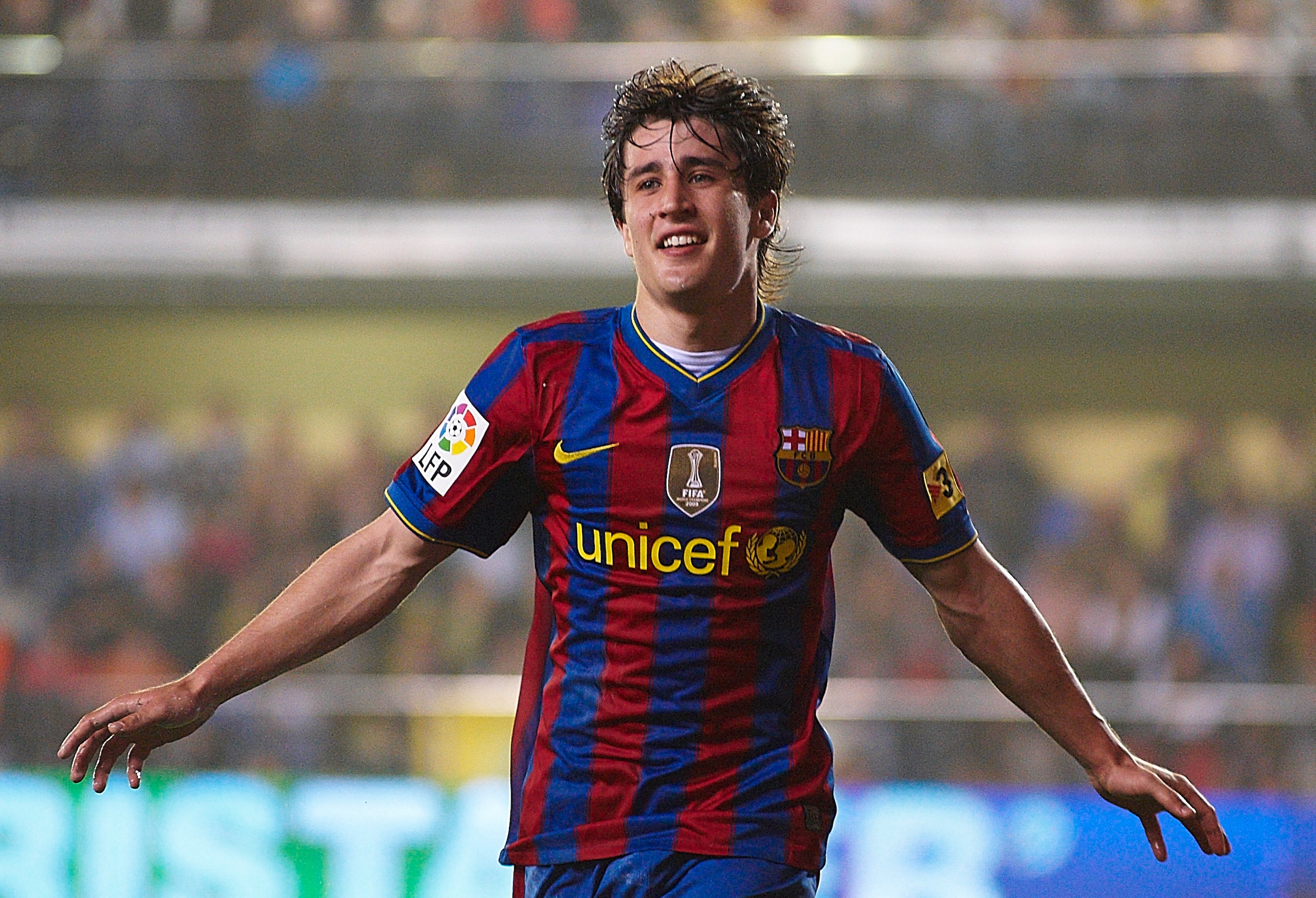 VILLARREAL, SPAIN - MAY 01:  Bojan Krkic of FC Barcelona celebrates after scoring during the La Liga match between Villarreal CF and FC Barcelona at El Madrigal stadium on May 1, 2010 in Villarreal, Spain.  (Photo by Manuel Queimadelos Alonso/Getty Images