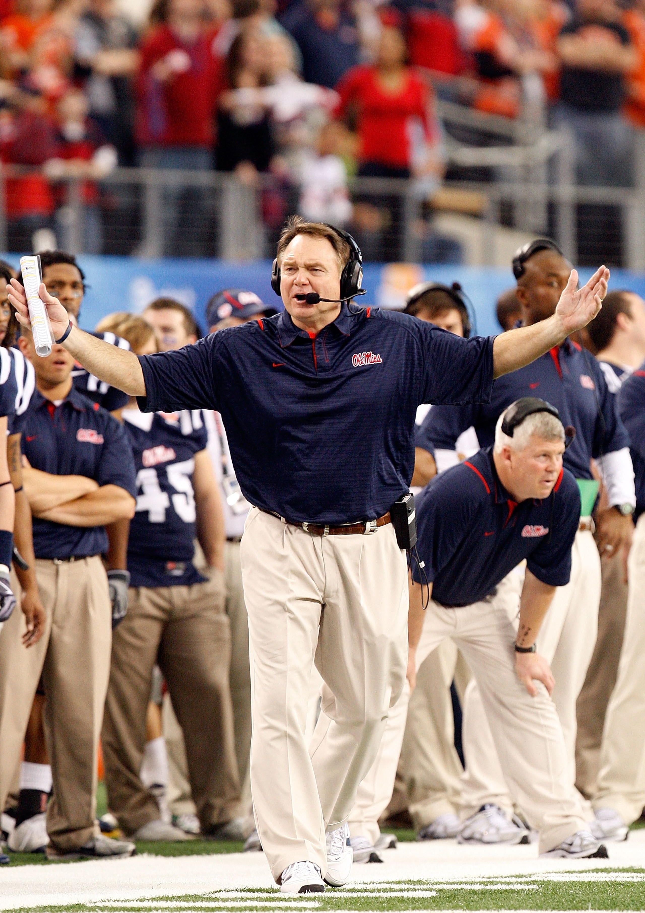 ARLINGTON, TX - JANUARY 02:  Head coach Houston Nutt of the Mississippi Rebels during the AT&T Cotton Bowl on January 2, 2010 at Cowboys Stadium in Arlington, Texas.  (Photo by Ronald Martinez/Getty Images)