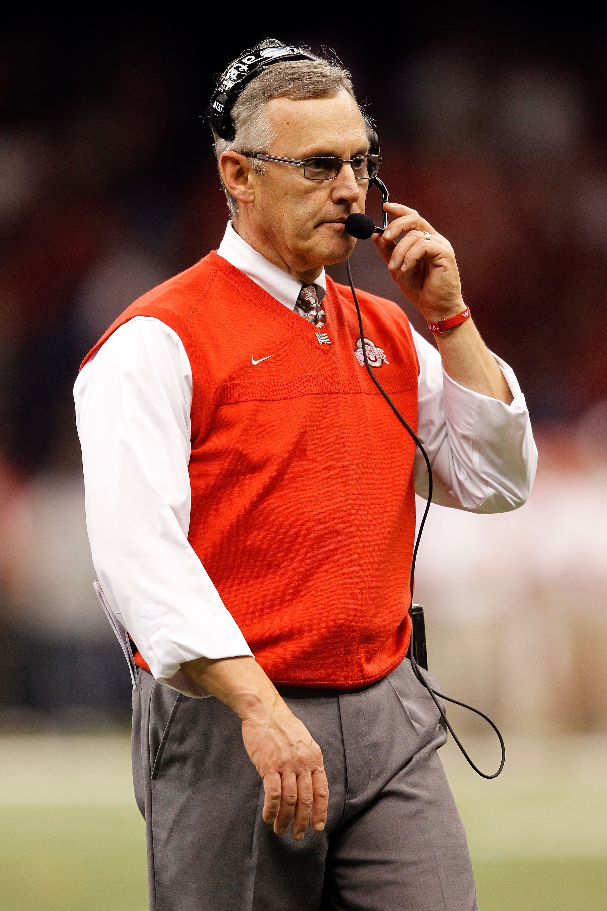 NEW ORLEANS, LA - JANUARY 04:  Head coach Jim Tressel of the Ohio State Buckeyes looks on against the Arkansas Razorbacks during the Allstate Sugar Bowl at the Louisiana Superdome on January 4, 2011 in New Orleans, Louisiana.  (Photo by Matthew Stockman/G