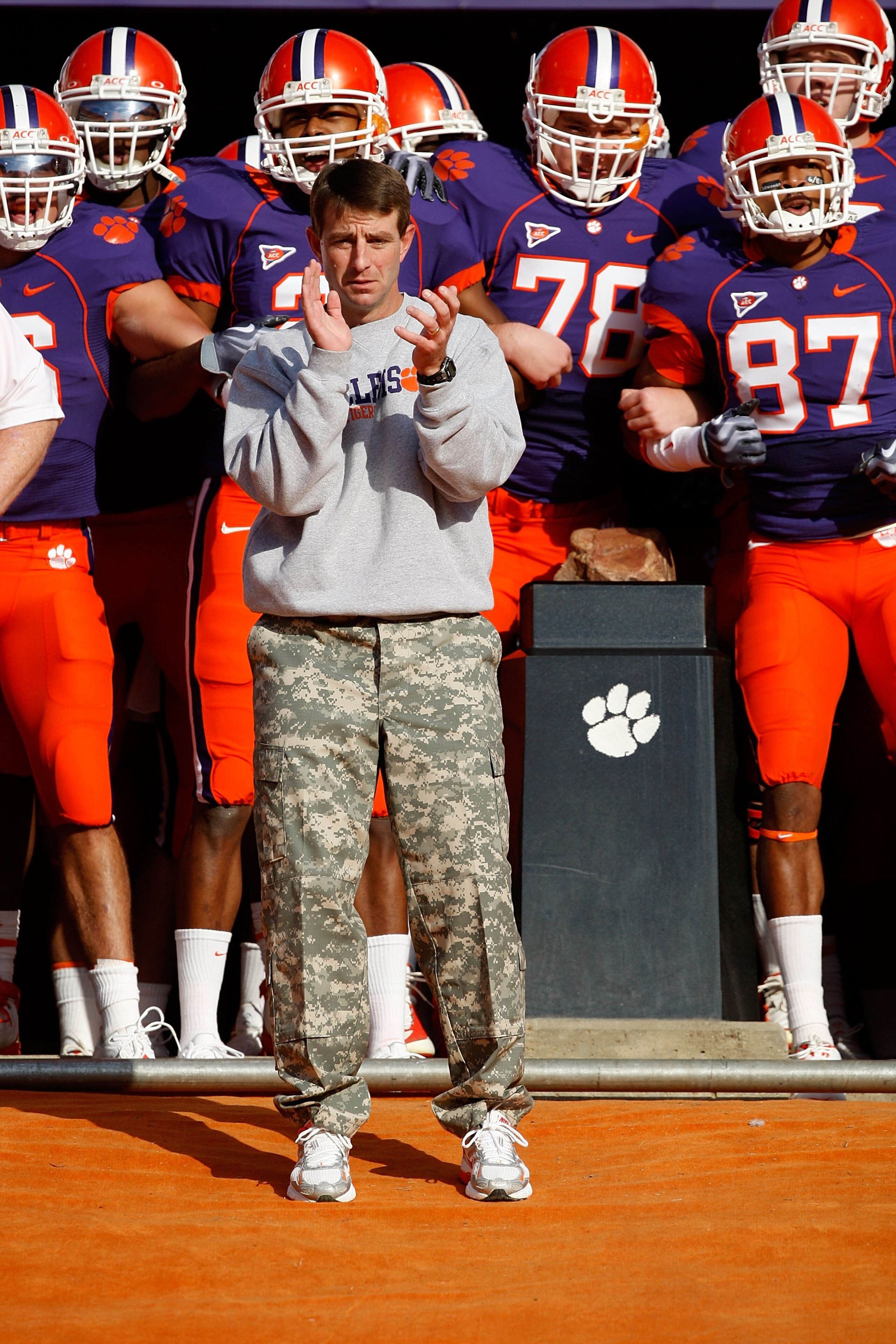 CLEMSON, SC - NOVEMBER 21: Head coach Dabo Swinney of the Clemson Tigers leads his team onto the field against the Virginia Cavaliers at Memorial Stadium on November 21, 2009 in Clemson, South Carolina. (Photo by Streeter Lecka/Getty Images)