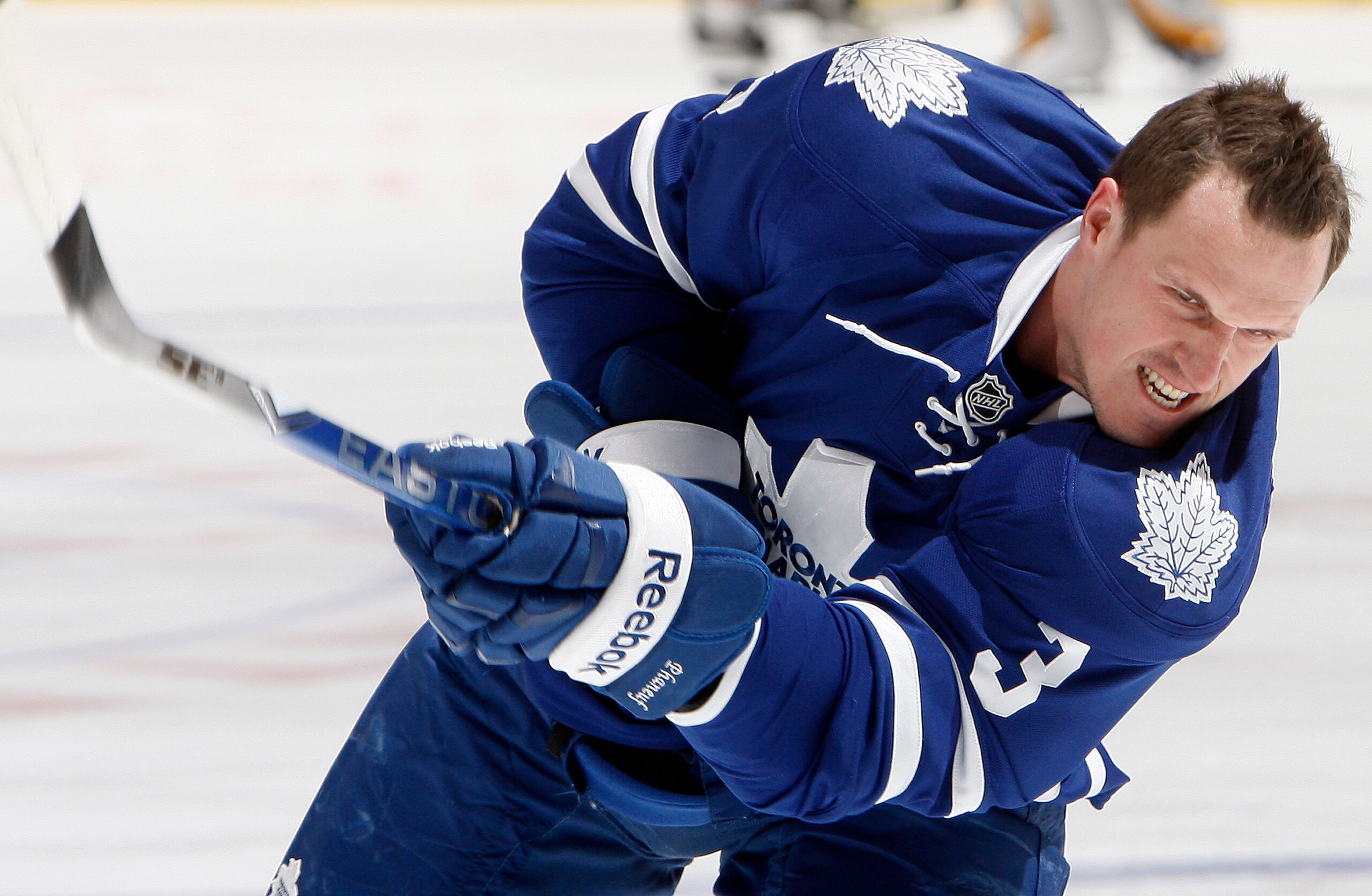 TORONTO, CANADA - FEBRUARY 1:  Dion Phaneuf #3 of the Toronto Maple Leafs shoots during warmup before game action at the Air Canada Centre against the Florida Panthers February 1, 2011 in Toronto, Ontario, Canada. (Photo by Abelimages/Getty Images)