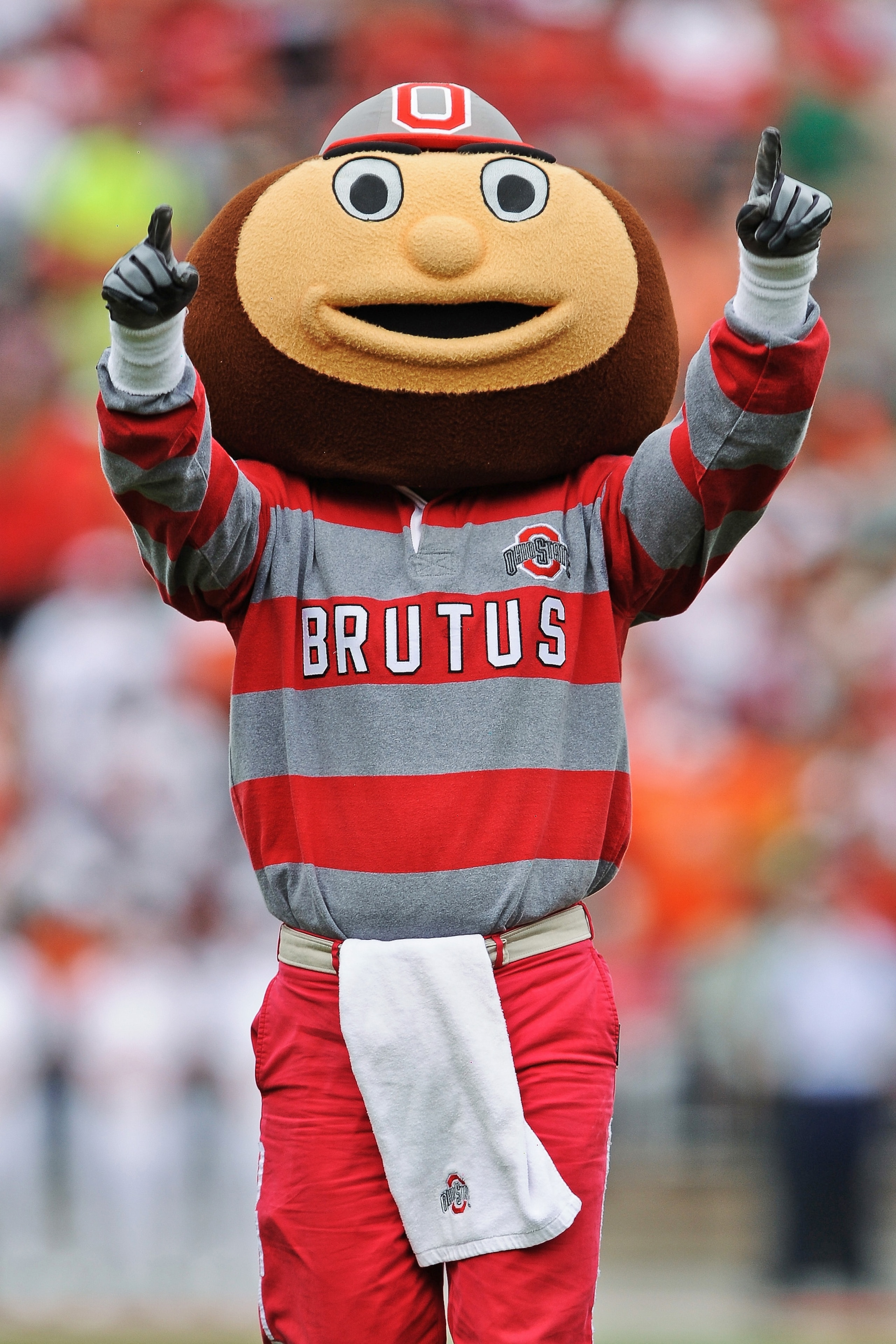 COLUMBUS, OH - SEPTEMBER 11: Mascot Brutus Buckeye fires up the crowd before a game against the Miami Hurricanes at Ohio Stadium on September 11, 2010 in Columbus, Ohio. (Photo by Jamie Sabau/Getty Images) COLUMBUS, OH - SEPTEMBER 11: Mascot Brutus Buckeye fires up the crowd before a game against the Miami Hurricanes at Ohio Stadium on September 11, 2010 in Columbus, Ohio. (Photo by Jamie Sabau/Getty Images)