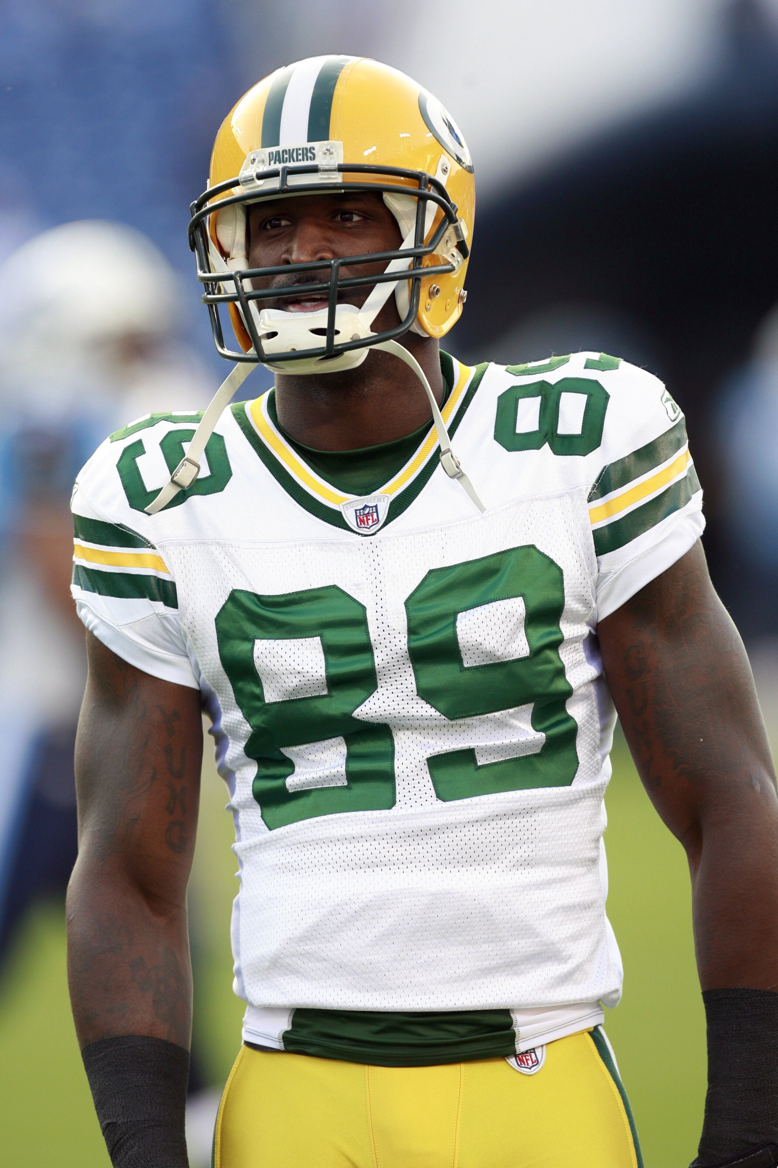 NASHVILLE, TN - SEPTEMBER 3: James Jones #89 of the Green Bay Packers looks on against the Tennessee Titans during a preseason NFL game at LP Field on September 3, 2009 in Nashville, Tennessee. The Titans beat the Packers 27-13. (Photo by Joe Murphy/Getty