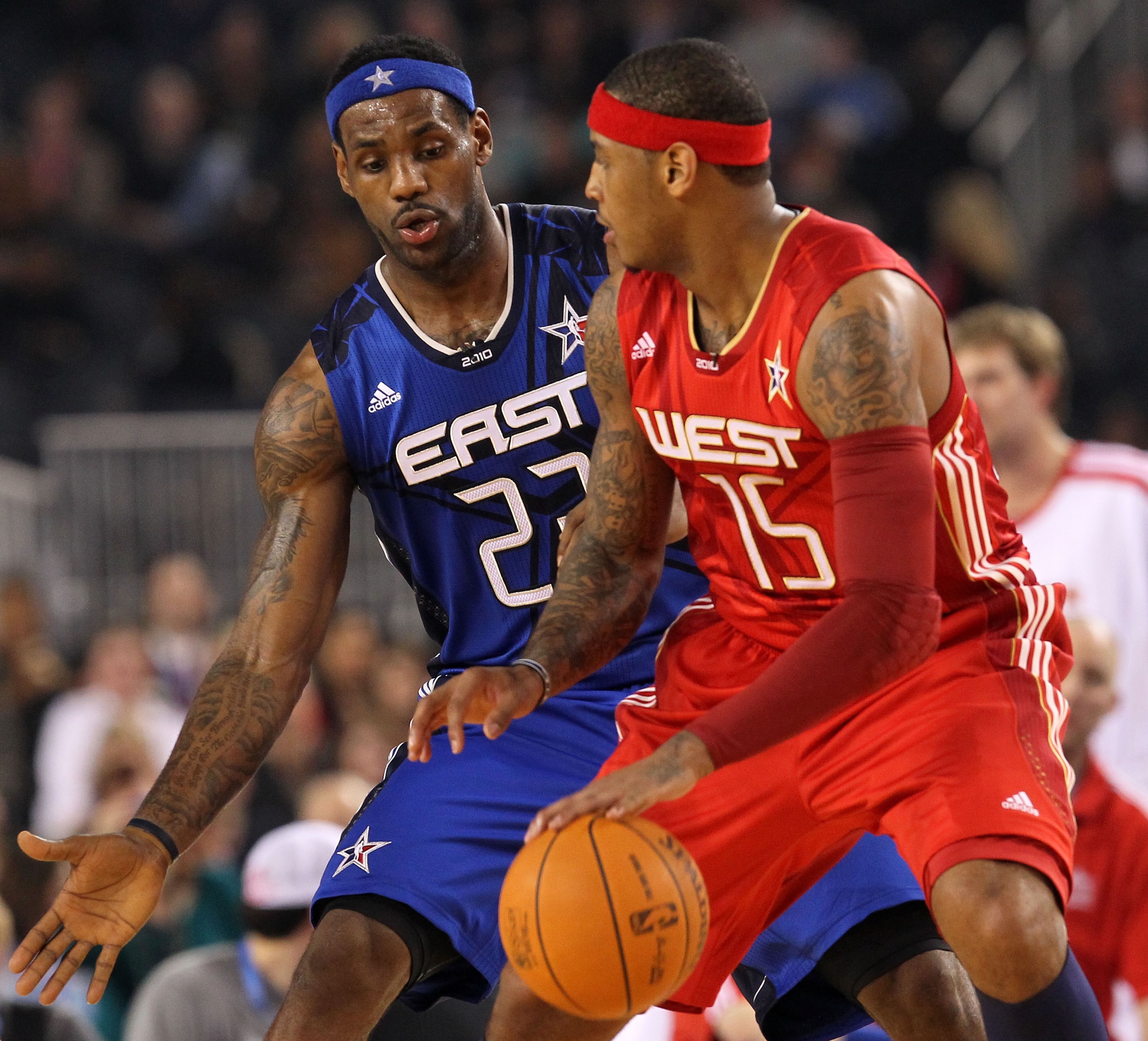 ARLINGTON, TX - FEBRUARY 14:  Carmelo Anthony #15 of the Western Conference drives against LeBron James #23 of the Eastern Conference during the third quarter of the NBA All-Star Game, part of 2010 NBA All-Star Weekend at Cowboys Stadium on February 14, 2