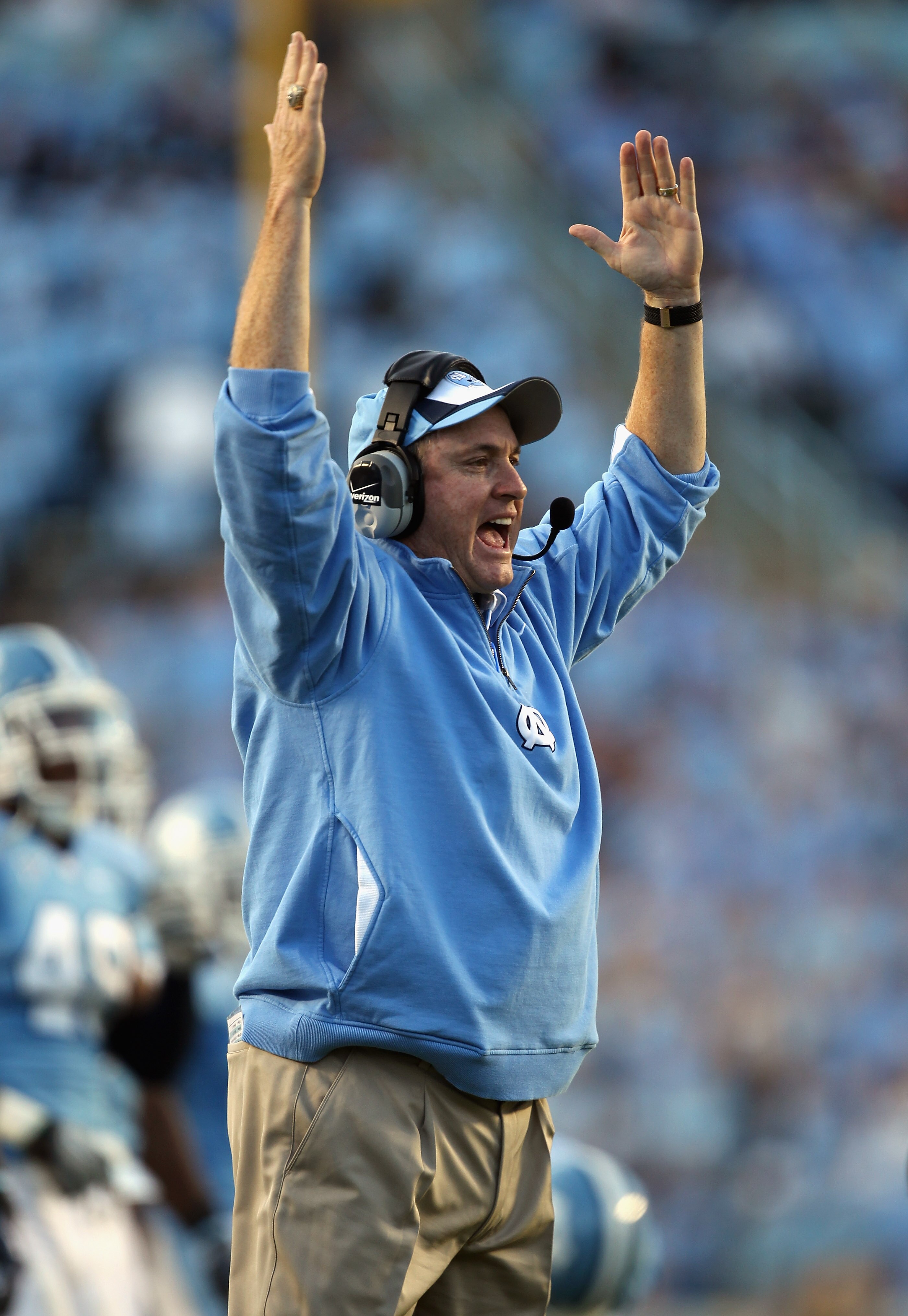 CHAPEL HILL, NC - NOVEMBER 13:  Head coach Butch Davis of the North Carolina Tar Heels reacts to a play against the Virginia Tech Hokies during their game at Kenan Stadium on November 13, 2010 in Chapel Hill, North Carolina.  (Photo by Streeter Lecka/Gett