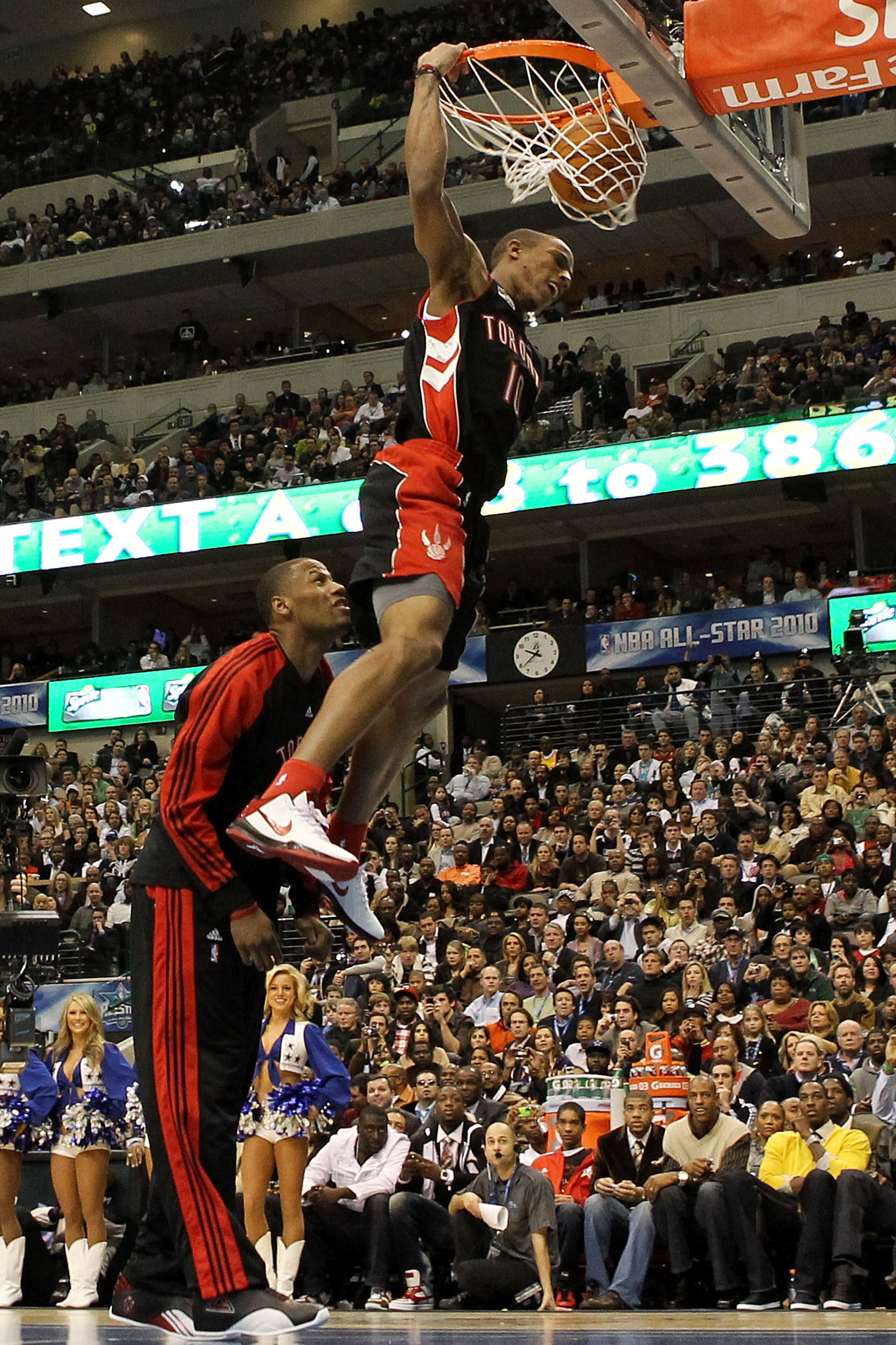 DALLAS - FEBRUARY 13:  DeMar DeRozan #10 of the Toronto Raptors goes up for a dunk with the help of teammate Sonny Weems during the Sprite Slam Dunk Contest on All-Star Saturday Night, part of 2010 NBA All-Star Weekend at American Airlines Center on Febru