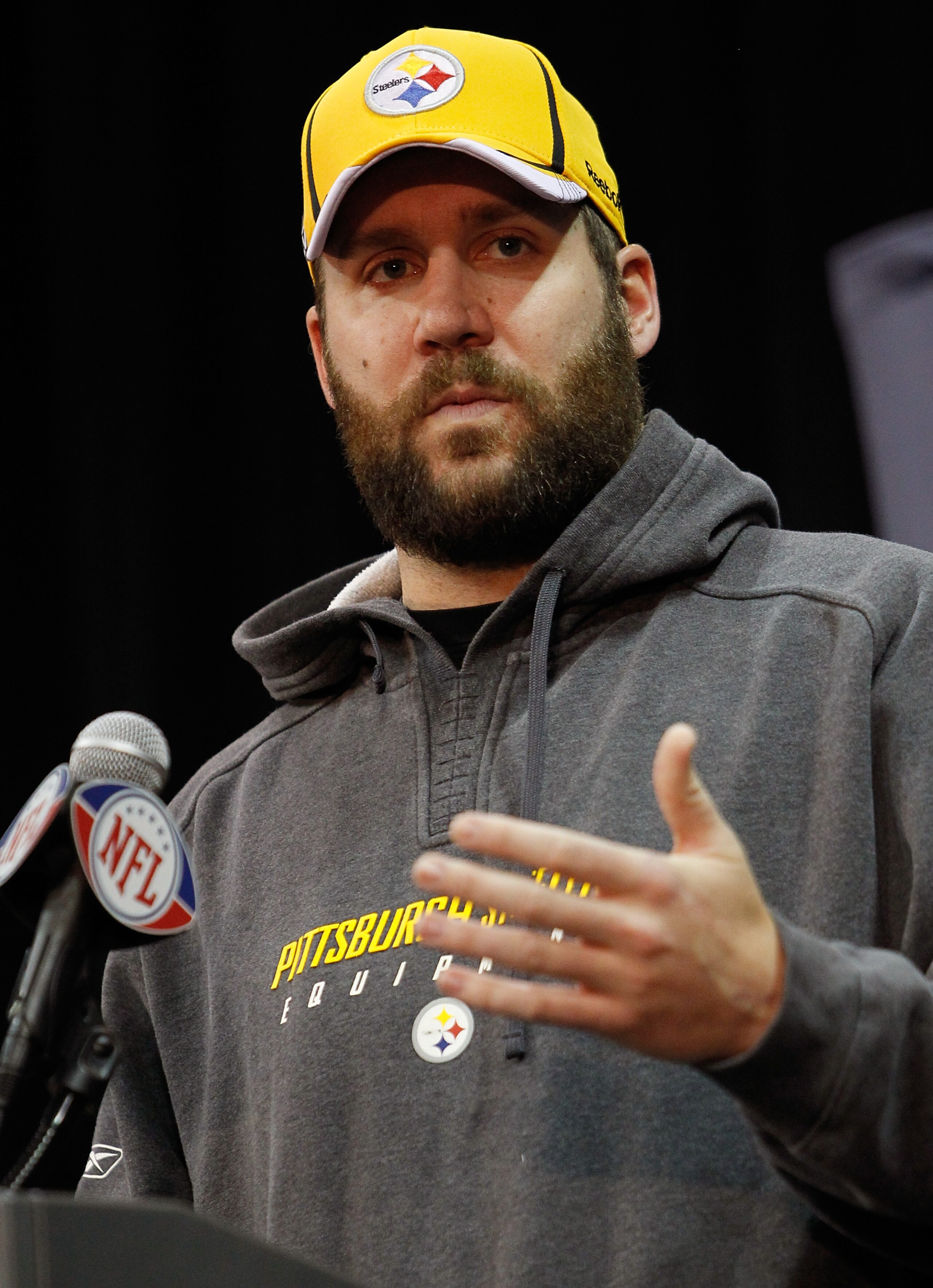 FORT WORTH, TX - FEBRUARY 02:  Quarterback Ben Roethlisberger #7 of the Pittsburgh Steelers talks with the media on February 2, 2011 in Fort Worth, Texas. The Pittsburgh Steelers will play the Green Bay Packers in Super Bowl XLV on February 6, 2011 at Cow