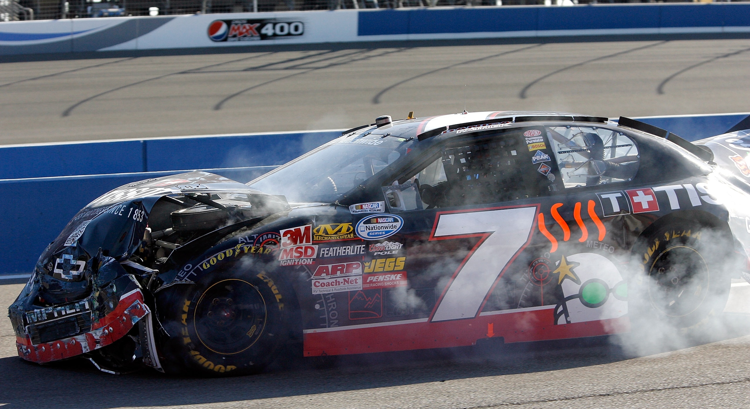 FONTANA, CA - OCTOBER 09:  Danica Patrick, driver of the #7 Tissot Chevrolet, drives down pit road after crashing during the NASCAR Nationwide Series CampingWorld.com 300 on October 9, 2010 in Fontana, California.  (Photo by Tom Pennington/Getty Images fo