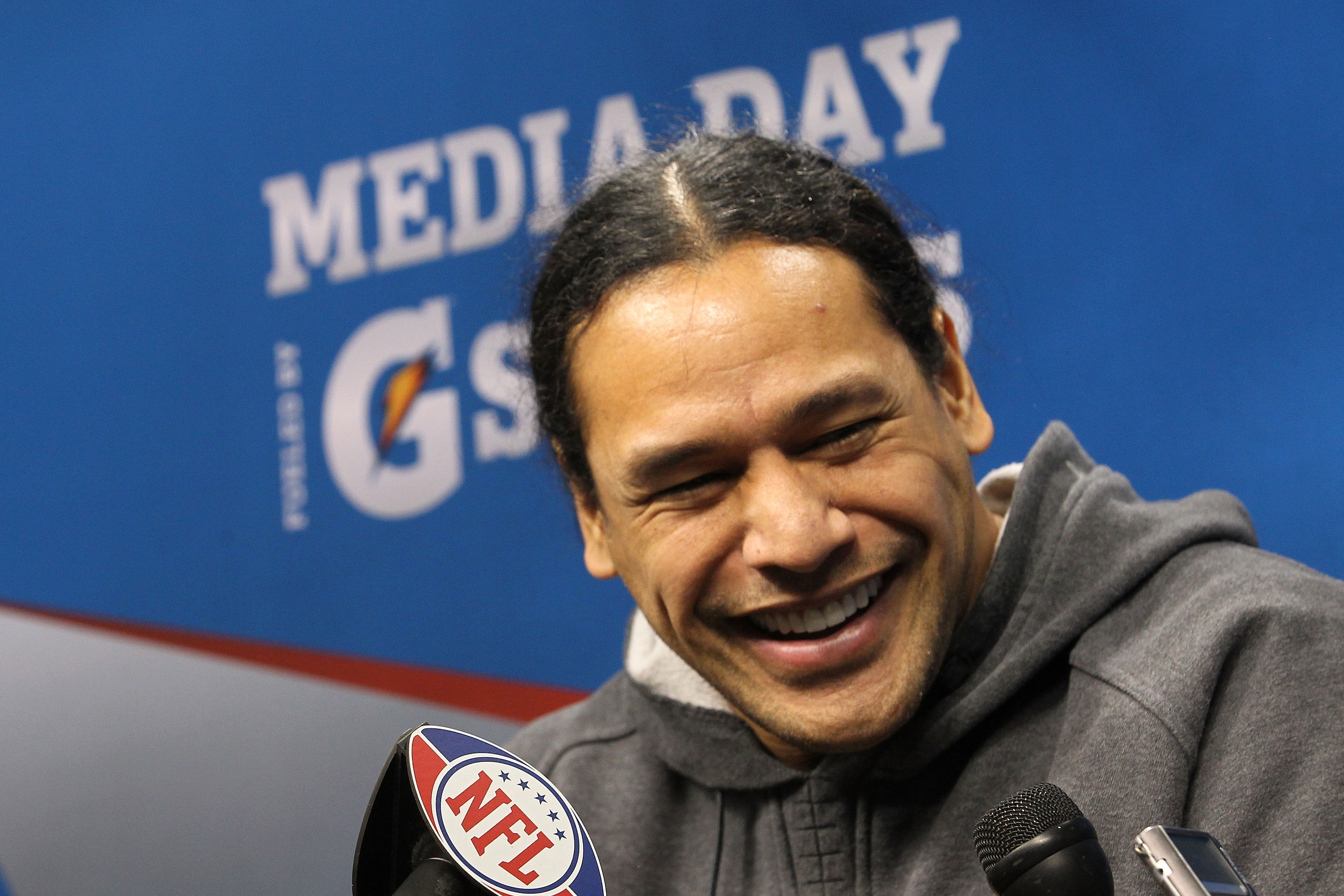 ARLINGTON, TX - FEBRUARY 01:  Troy Polamalu #43 of the Pittsburgh Steelers addresses the media during Super Bowl XLV Media Day ahead of Super Bowl XLV at Cowboys Stadium on February 1, 2011 in Arlington, Texas. The Pittsburgh Steelers will play the Green