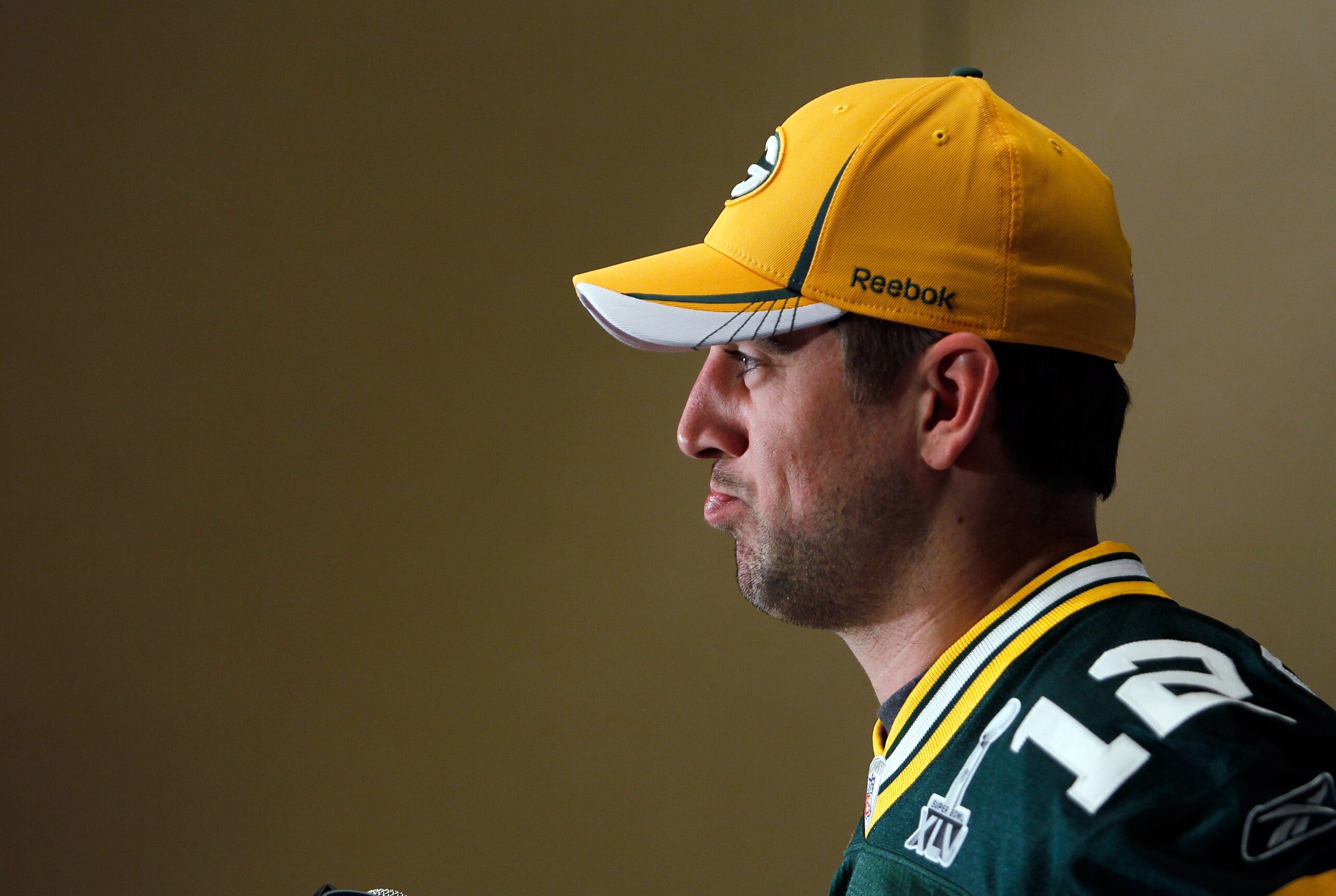 IRVING, TX - FEBRUARY 02:  Quarterback Aaron Rodgers #12 of the Green Bay Packers talks to the media on February 2, 2011 in Irving, Texas. The Green Bay Packers will play the Pittsburgh Steelers in Super Bowl XLV on February 6, 2011 at Cowboys Stadium in