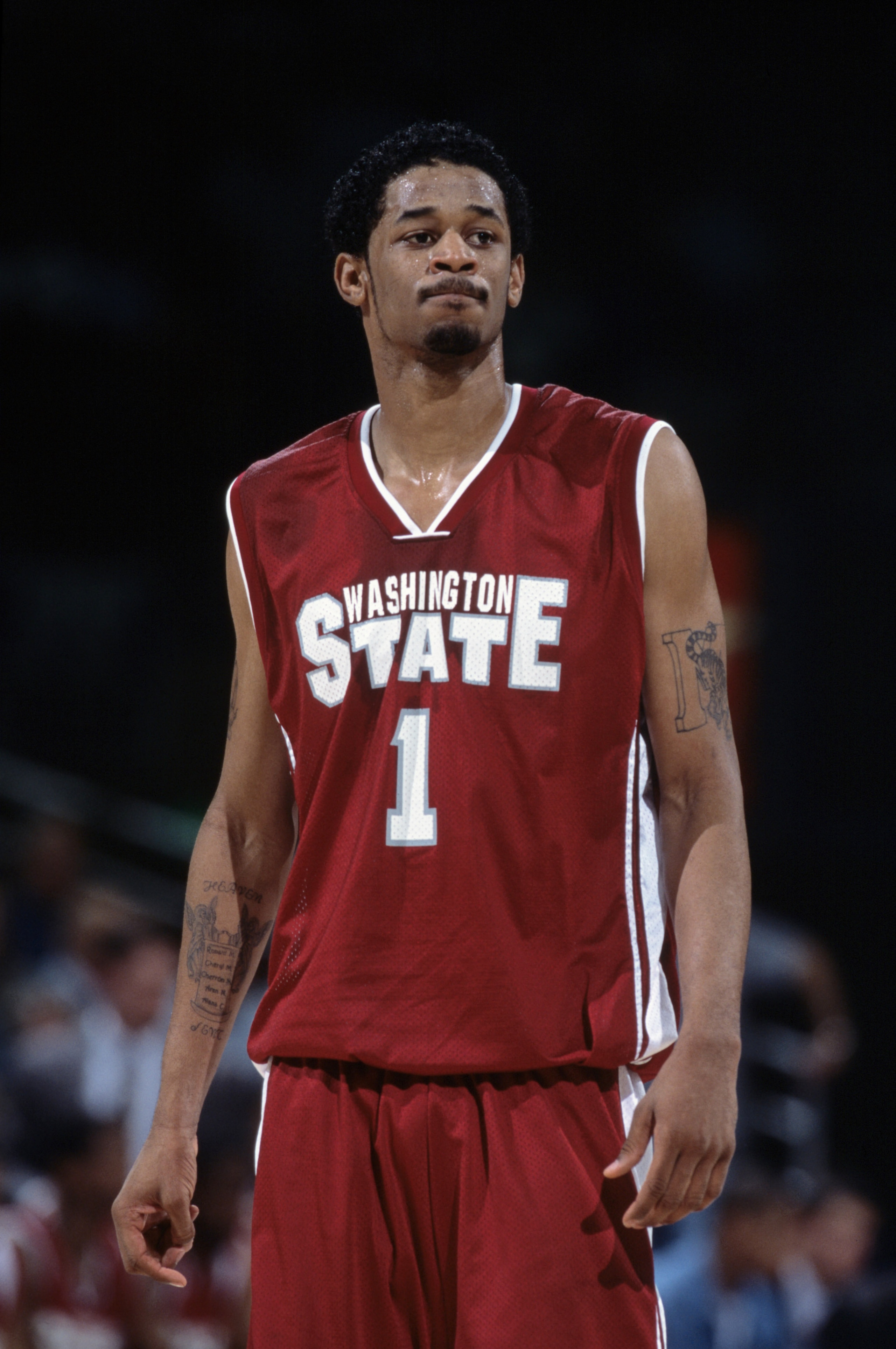 6 Jan 2002:  This is a close up of guard Marcus Moore #1 of the Washington State Cougars. It was taken during the Pac-10 conference game against the UCLA Bruins at the Pauley Pavilion in Los Angeles, California.  The Bruins defeated the Cougars 81-69.  Ma