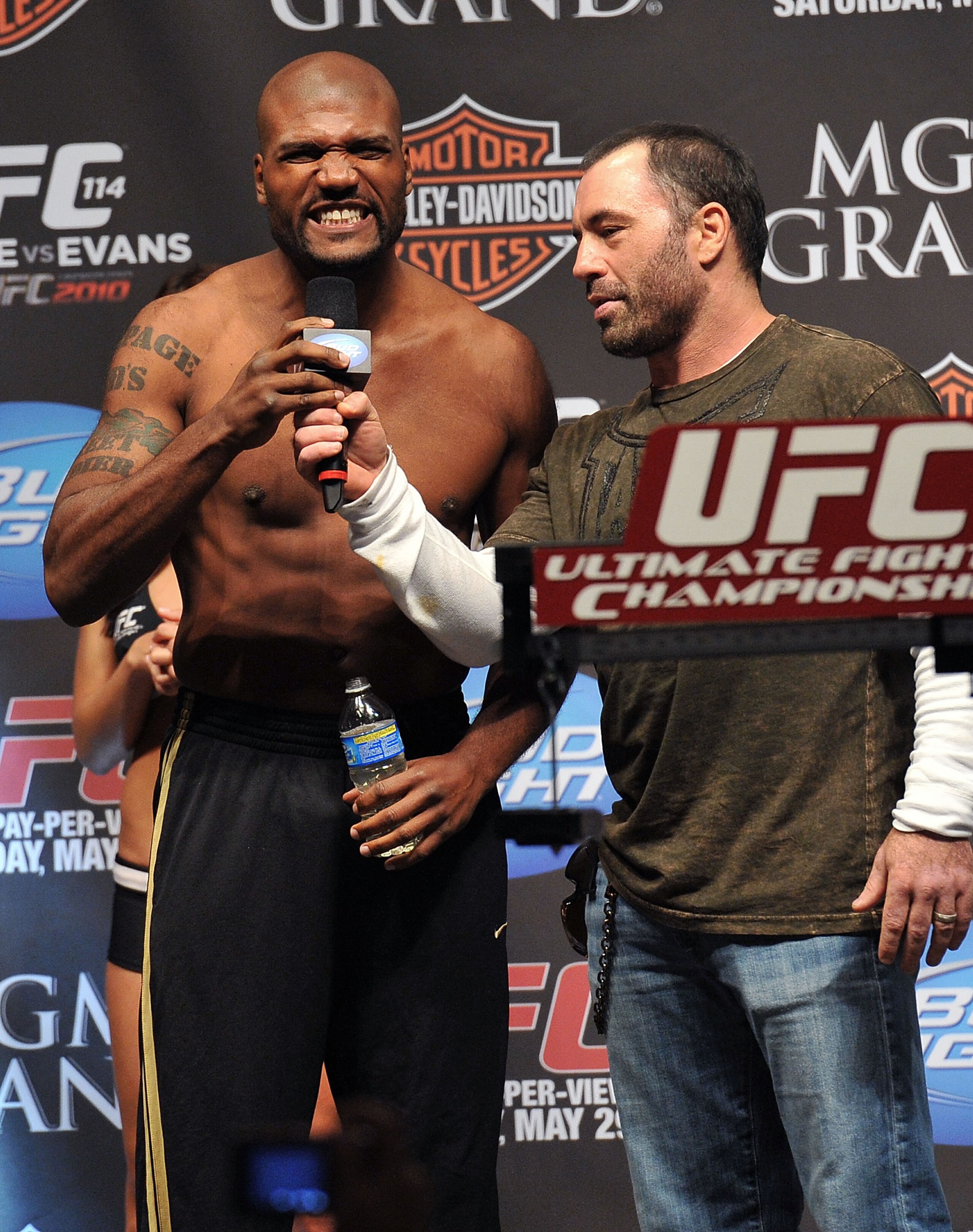 LAS VEGAS - MAY 28:  UFC fighter Quinton 'Rampage' Jackson (L) speaks to Joe Rogan (R) and the crowd about his fight against UFC fighter Rashad Evans at UFC 114: Rampage versus Rashad at the Mandalay Bay Hotel on May 28, 2010 in Las Vegas, Nevada.  (Photo