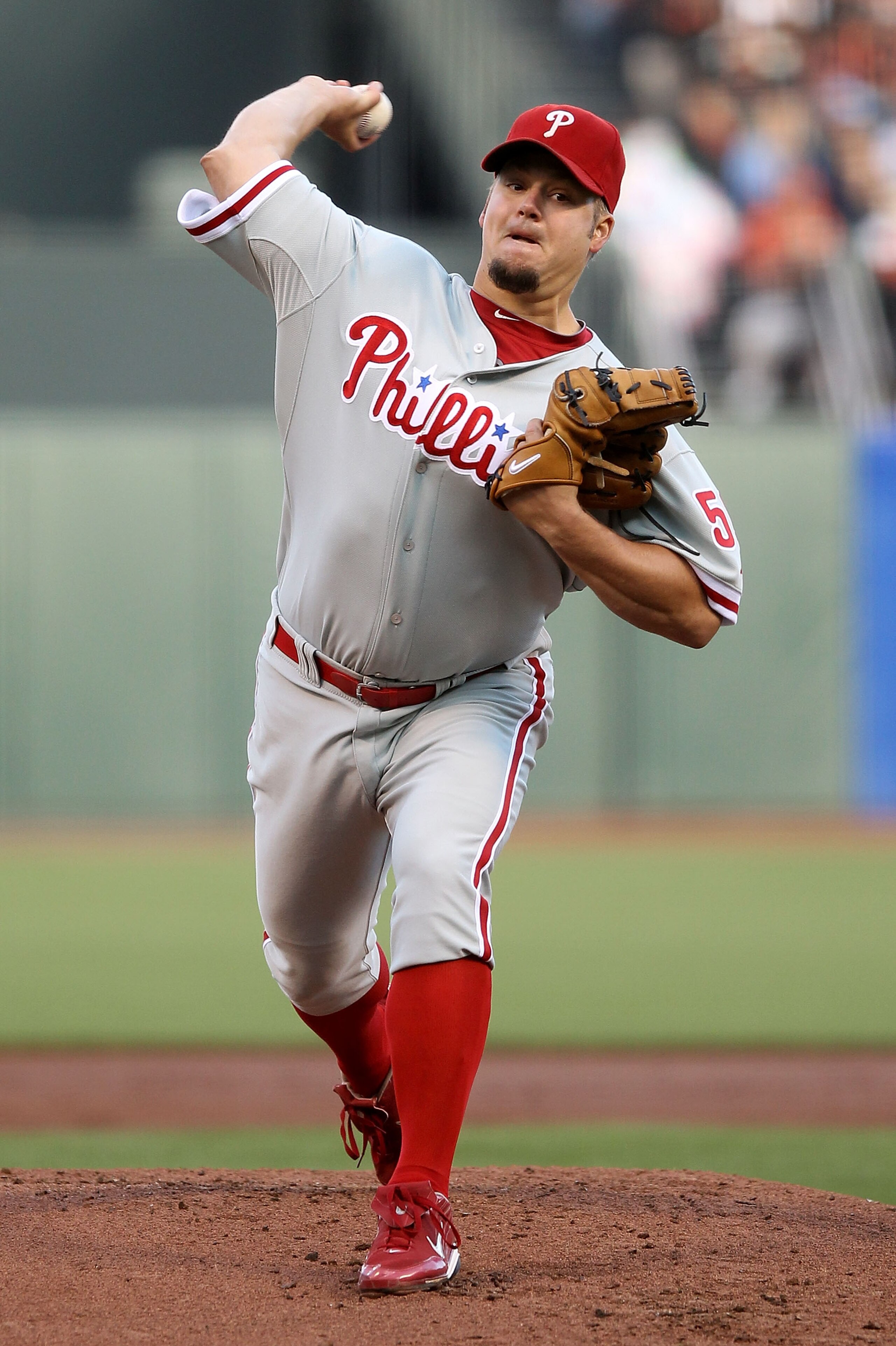 SAN FRANCISCO - OCTOBER 20:  Joe Blanton #56 of the Philadelphia Phillies throws a pitch in the first inning of Game Four of the NLCS against the San Francisco Giants during the 2010 MLB Playoffs at AT&T Park on October 20, 2010 in San Francisco, Californ