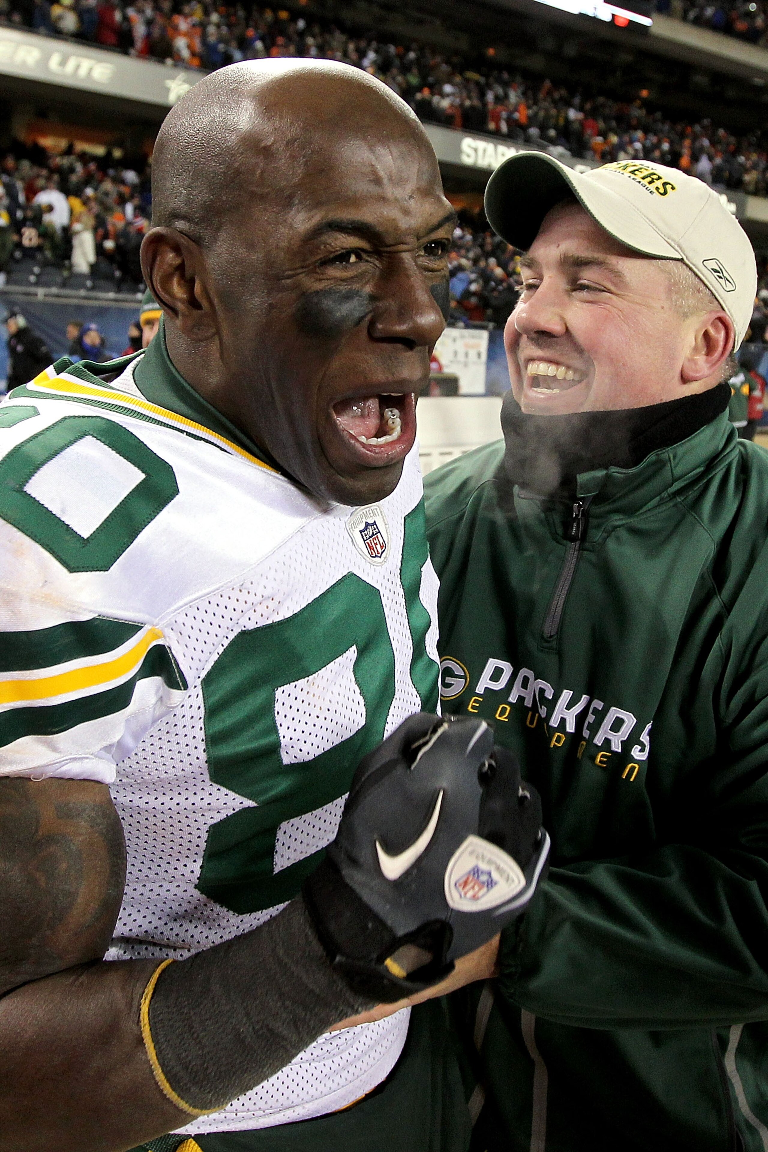 CHICAGO, IL - JANUARY 23:  Donald Driver #80 of the Green Bay Packers celebrates after the Packers 21-14 victory against the Chicago Bears in the NFC Championship Game at Soldier Field on January 23, 2011 in Chicago, Illinois.  (Photo by Andy Lyons/Getty