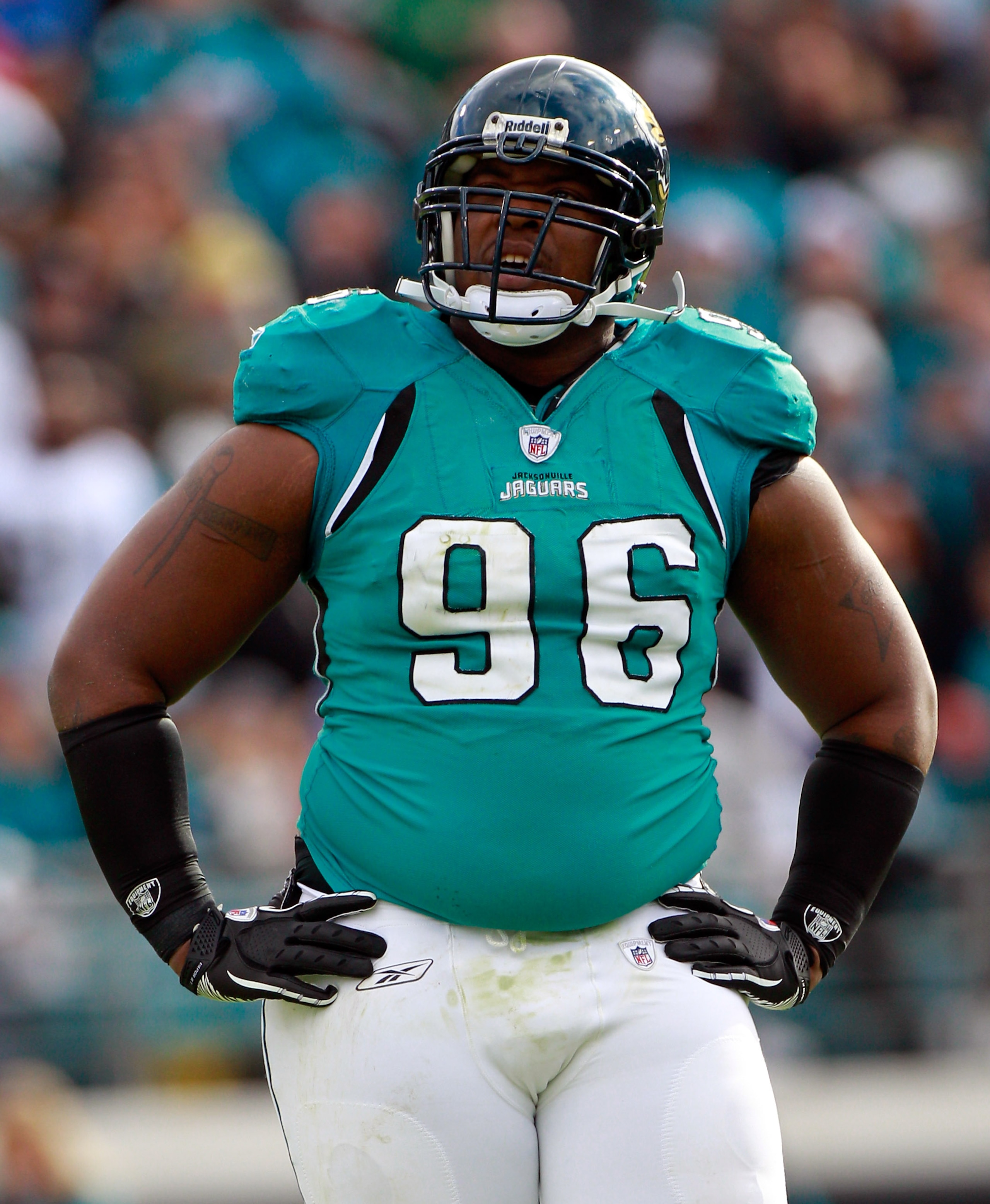 JACKSONVILLE, FL - DECEMBER 12: Terrance Knighton #96 of the Jacksonville Jaguars looks toward the scoreboard during the game against the Oakland Raiders at EverBank Field on December 12, 2010 in Jacksonville, Florida. (Photo by Sam Greenwood/Getty Imag JACKSONVILLE, FL - DECEMBER 12: Terrance Knighton #96 of the Jacksonville Jaguars looks toward the scoreboard during the game against the Oakland Raiders at EverBank Field on December 12, 2010 in Jacksonville, Florida. (Photo by Sam Greenwood/Getty Imag