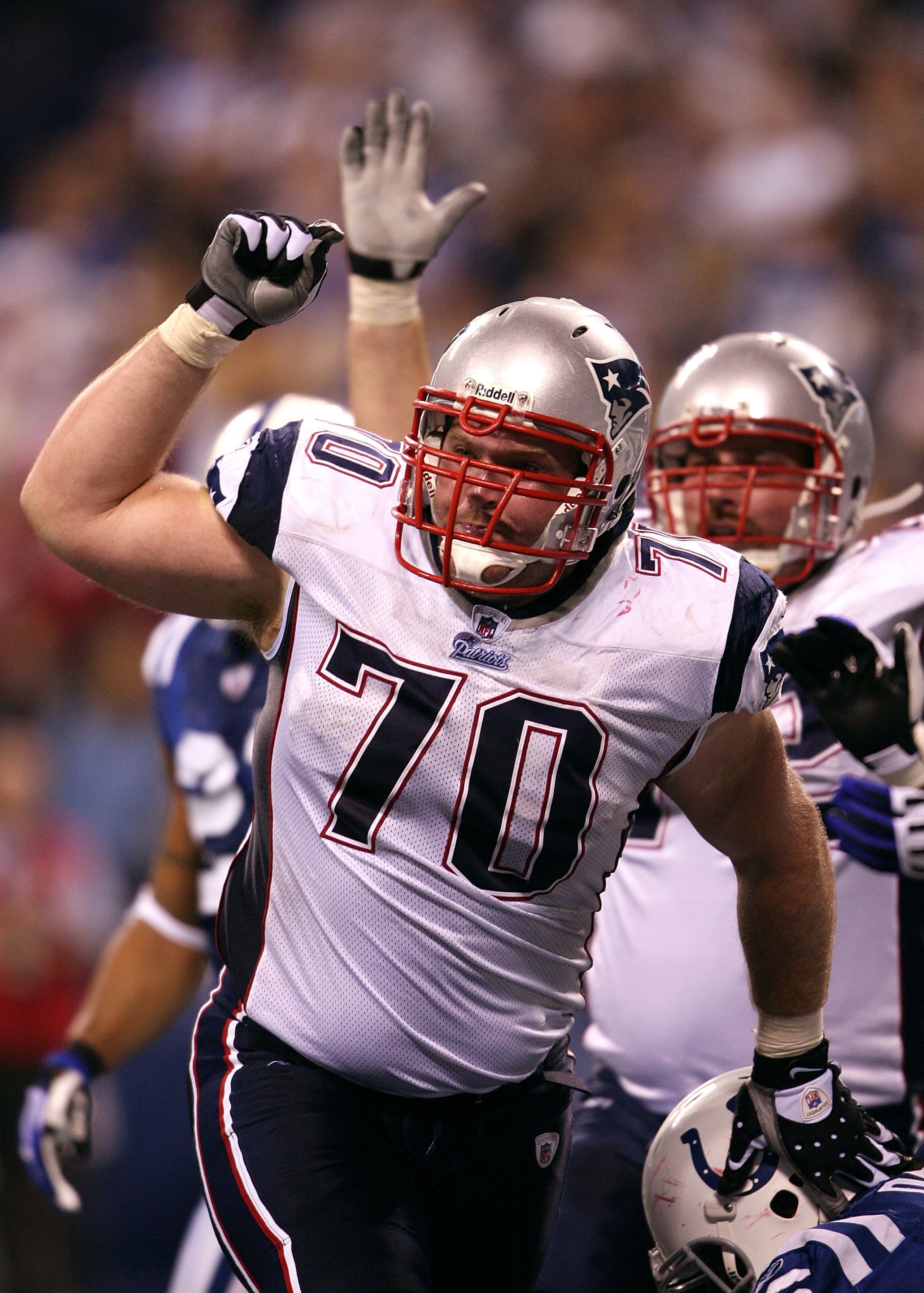 INDIANAPOLIS - NOVEMBER 02:  Logan Mankins #70 of the New England Patriots reacts after BenJarvus Green-Ellis #42 scored a 6-yard rushing touchdown in the third quarter against the Indianapolis Colts at Lucas Oil Stadium on November 2, 2008 in Indianapoli