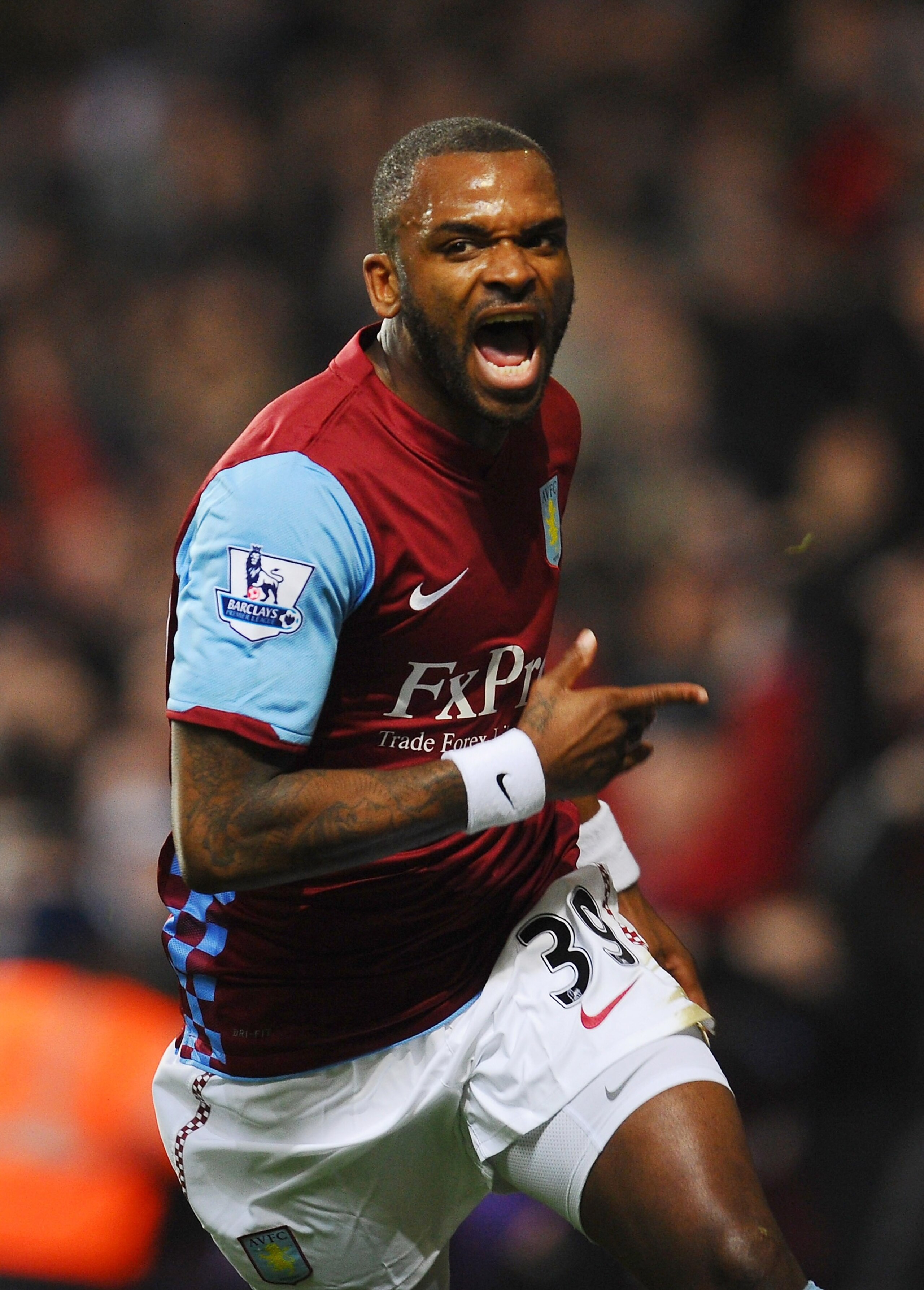 BIRMINGHAM, ENGLAND - JANUARY 22:  Darren Bent of Aston Villa celebrates after scoring the opening goal on his debut during the Barclays Premier League match between Aston Villa and Manchester City at Villa Park on January 22, 2011 in Birmingham, England.