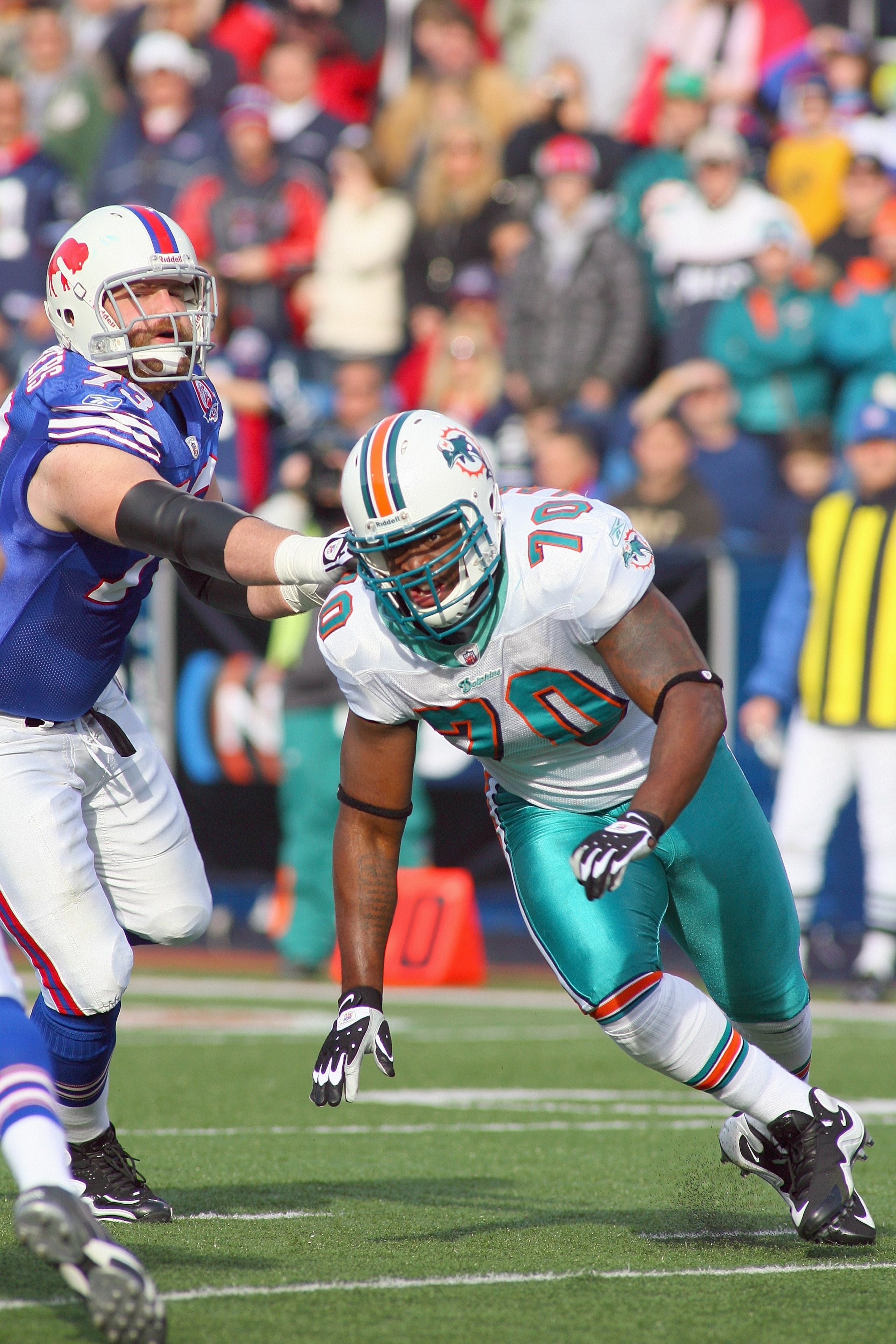 ORCHARD PARK, NY - NOVEMBER 29: Kendall Langford #70 of the Miami Dolphins moves on the field during the game aganist the Buffalo Bills at Ralph Wilson Stadium on November 29, 2009 in Orchard Park, New York. Buffalo won 31-14. (Photo by Rick Stewart/Getty